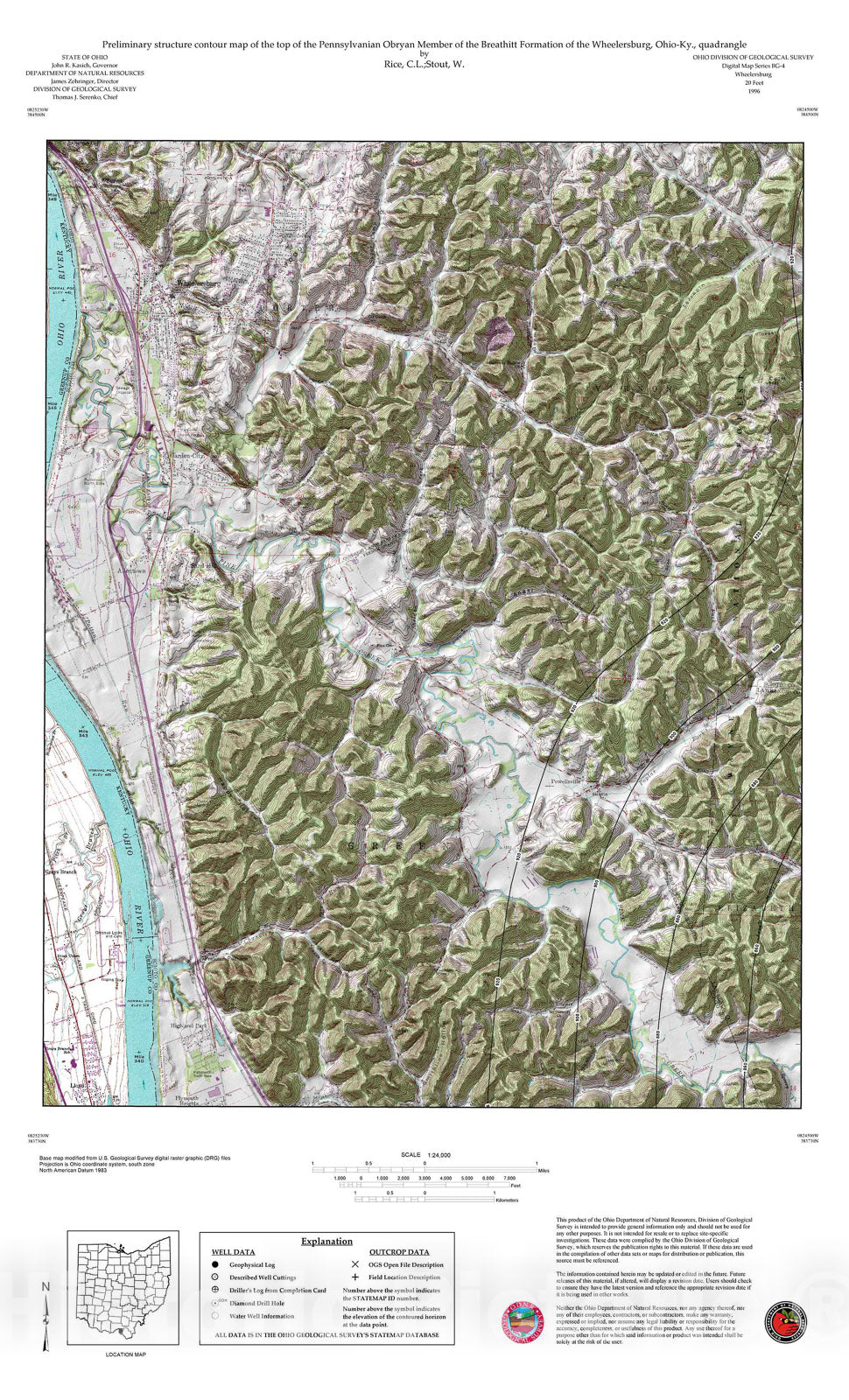 Map : Preliminary structure contour map of the top of the Pennsylvanian Obryan Member of the Breathitt Formation of the Wheelersburg, Ohio-Ky., quadrangle, 1996 Cartography Wall Art :