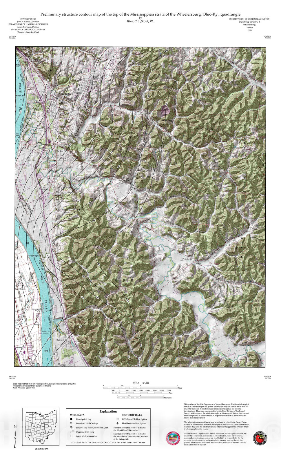 Map : Preliminary structure contour map of the top of the Mississippian strata of the Wheelersburg, Ohio-Ky., quadrangle, 1996 Cartography Wall Art :