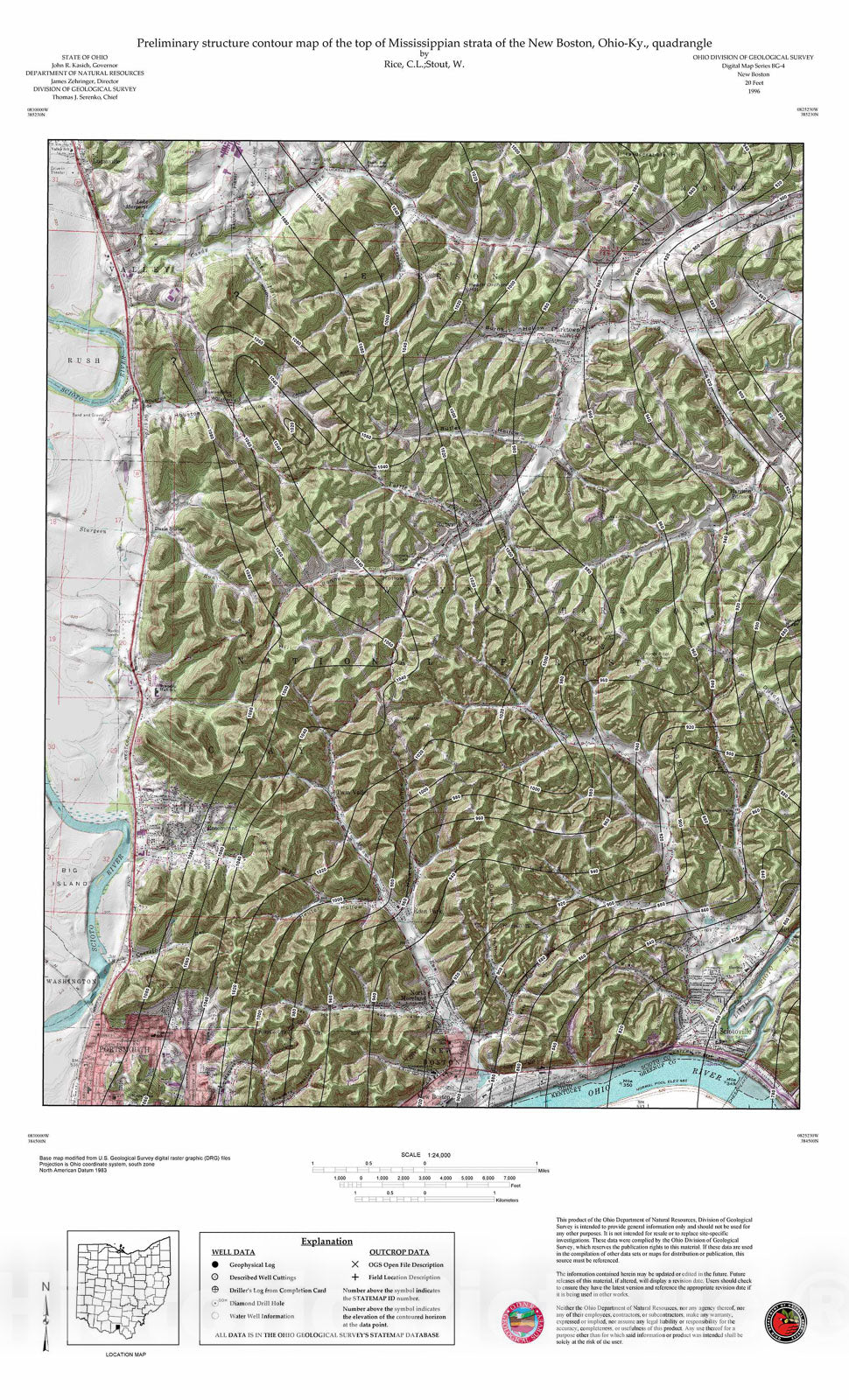Map : Preliminary structure contour map of the top of Mississippian strata of the New Boston, Ohio-Ky., quadrangle, 1996 Cartography Wall Art :