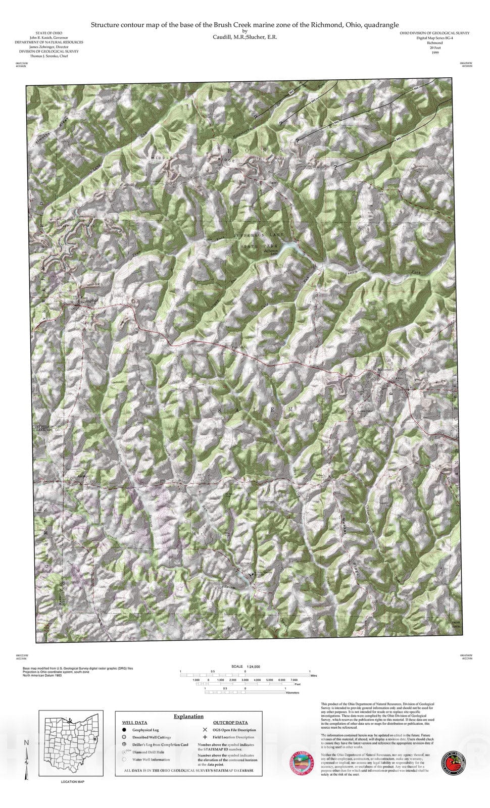 Map : Structure contour map of the base of the Brush Creek marine zone of the Richmond, Ohio, quadrangle, 1999 Cartography Wall Art :