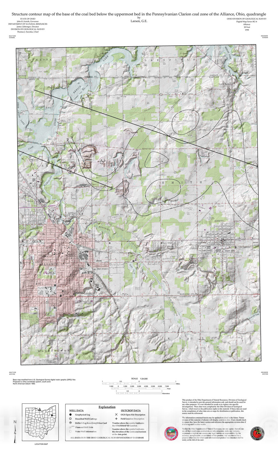 Map : Structure contour map of the base of the coal bed below the uppermost coal bed in the Clarion coal zone of the Alliance, Ohio, quadrangle, 1990 Cartography Wall Art :