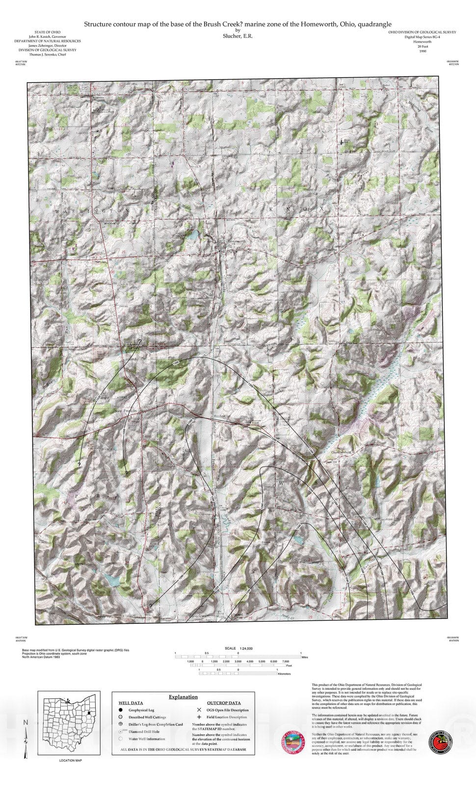 Map : Structure contour map of the base of the Brush Creek? marine zone of the Homeworth, Ohio, quadrangle, 1990 Cartography Wall Art :