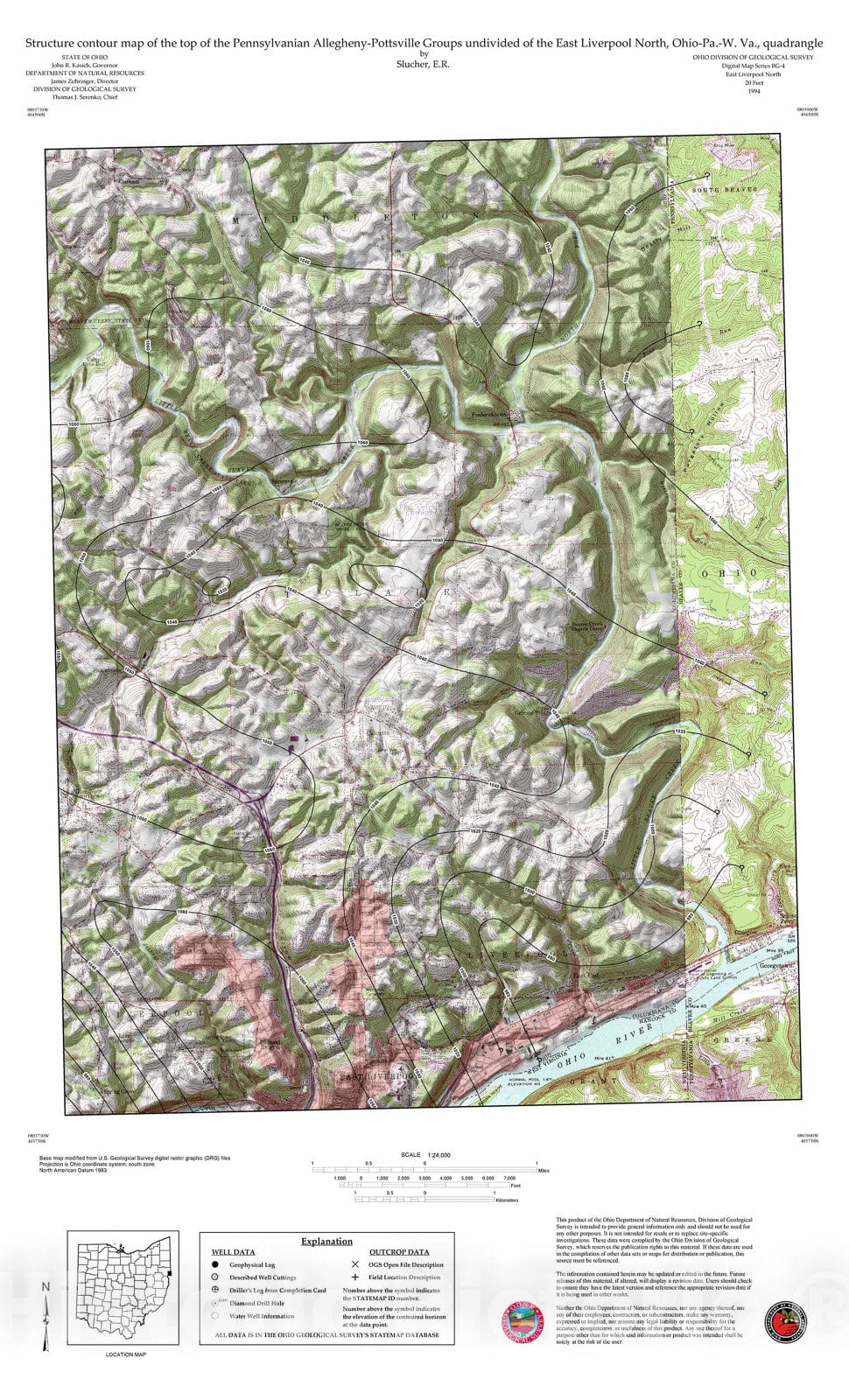 Map : Structure contour map of the top of the Pennsylvanian Allegheny-Pottsville Groups undivided of the East Liverpool North, Ohio-Pa.-W. Va., quadrangle, 1994 Cartography Wall Art :