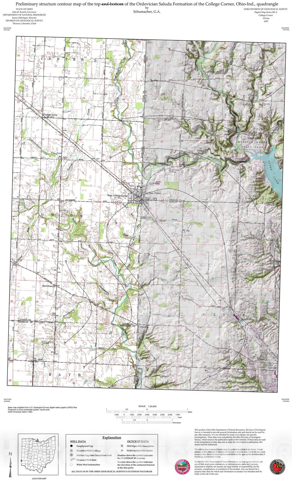 Map : Preliminary structure contour map of the bottom of the Ordovician Saluda Formation of the College Corner, Ohio-Ind., quadrangle, 1997 Cartography Wall Art :