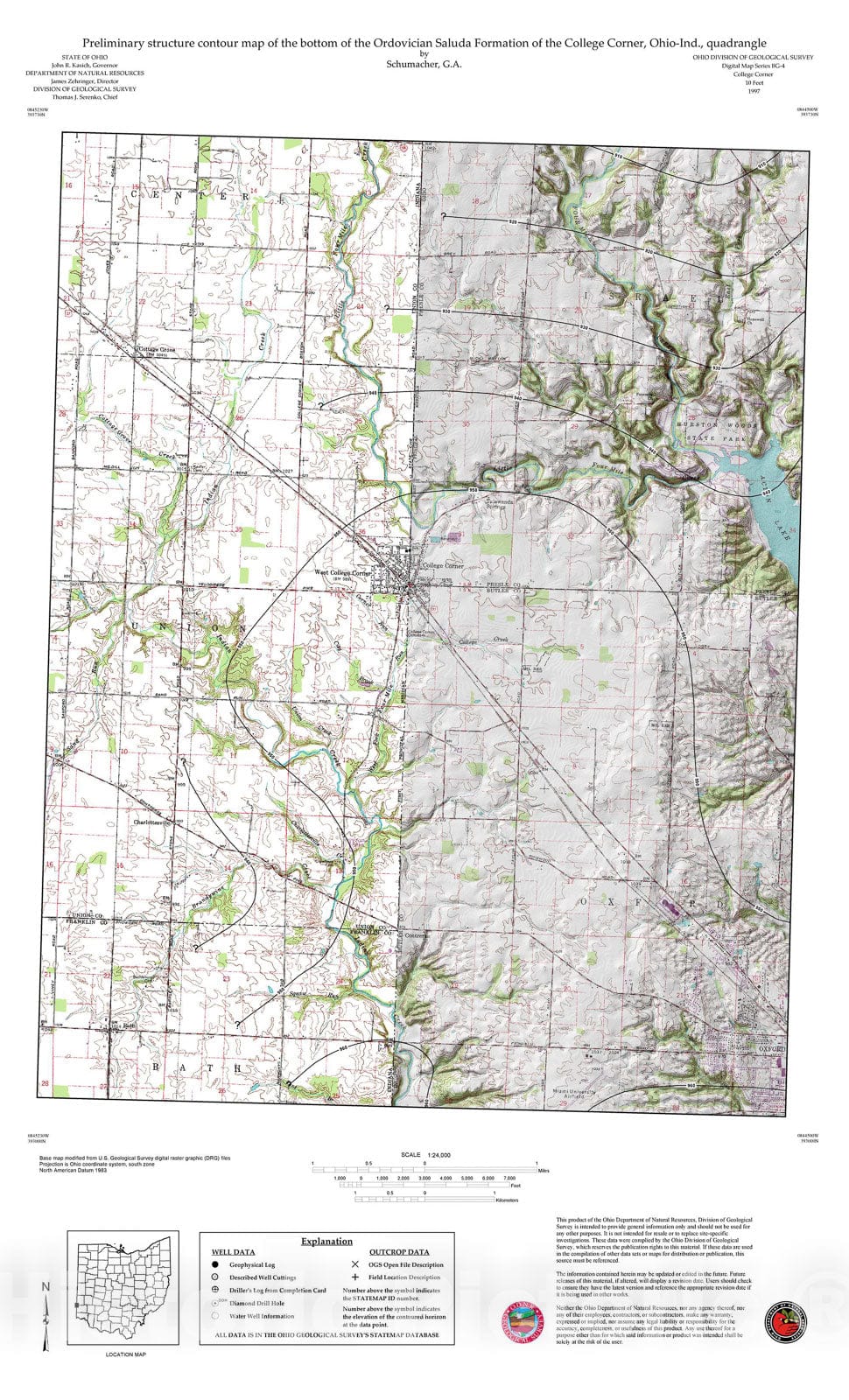 Map : Preliminary structure contour map of the top of the Saluda Formation of the College Corner, Ohio-Ind., quadrangle, 1997 Cartography Wall Art :