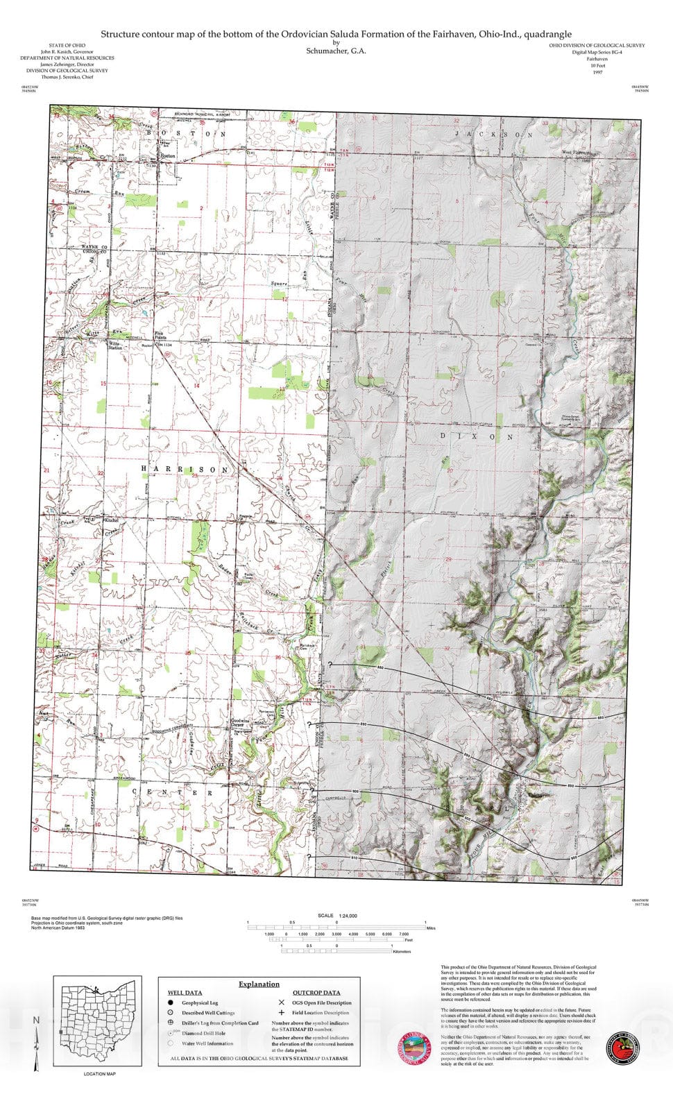 Map : Structure contour map of the bottom of the Saluda Formation of the Ohio portion of the Fairhaven, Ohio, quadrangle, 1997 Cartography Wall Art :