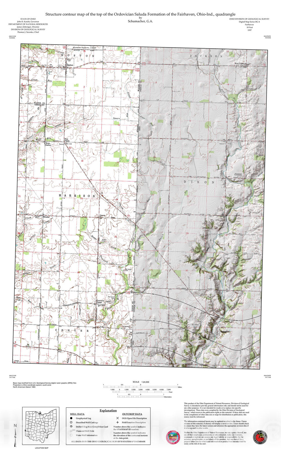 Map : Structure contour map of the top of the Saluda Formation of the Ohio portion of the Fairhaven, Ohio, quadrangle, 1997 Cartography Wall Art :