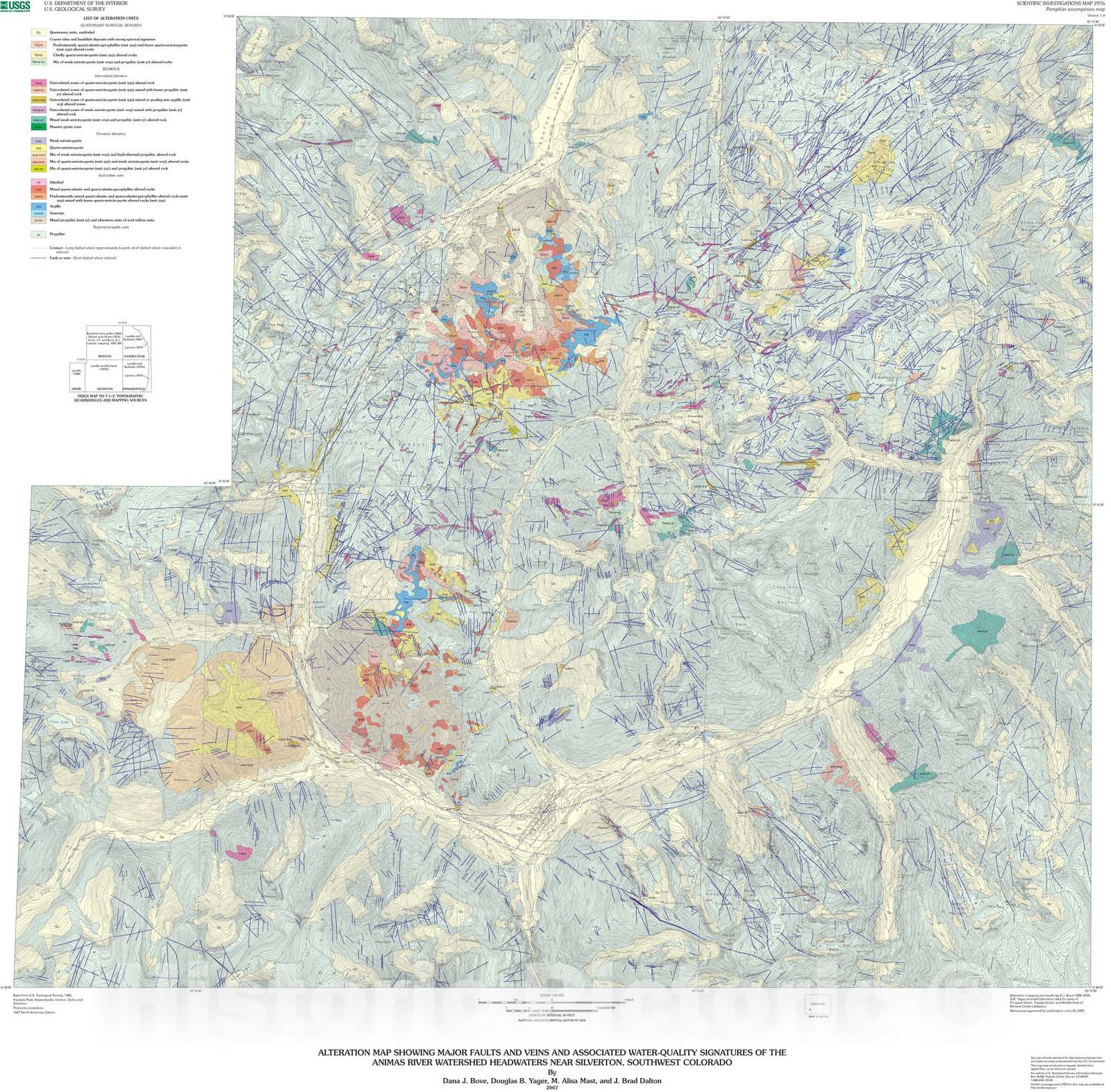 Map : Alteration map showing major faults and veins and associated water-quality signatures of the Animas River , 2007 Cartography Wall Art :
