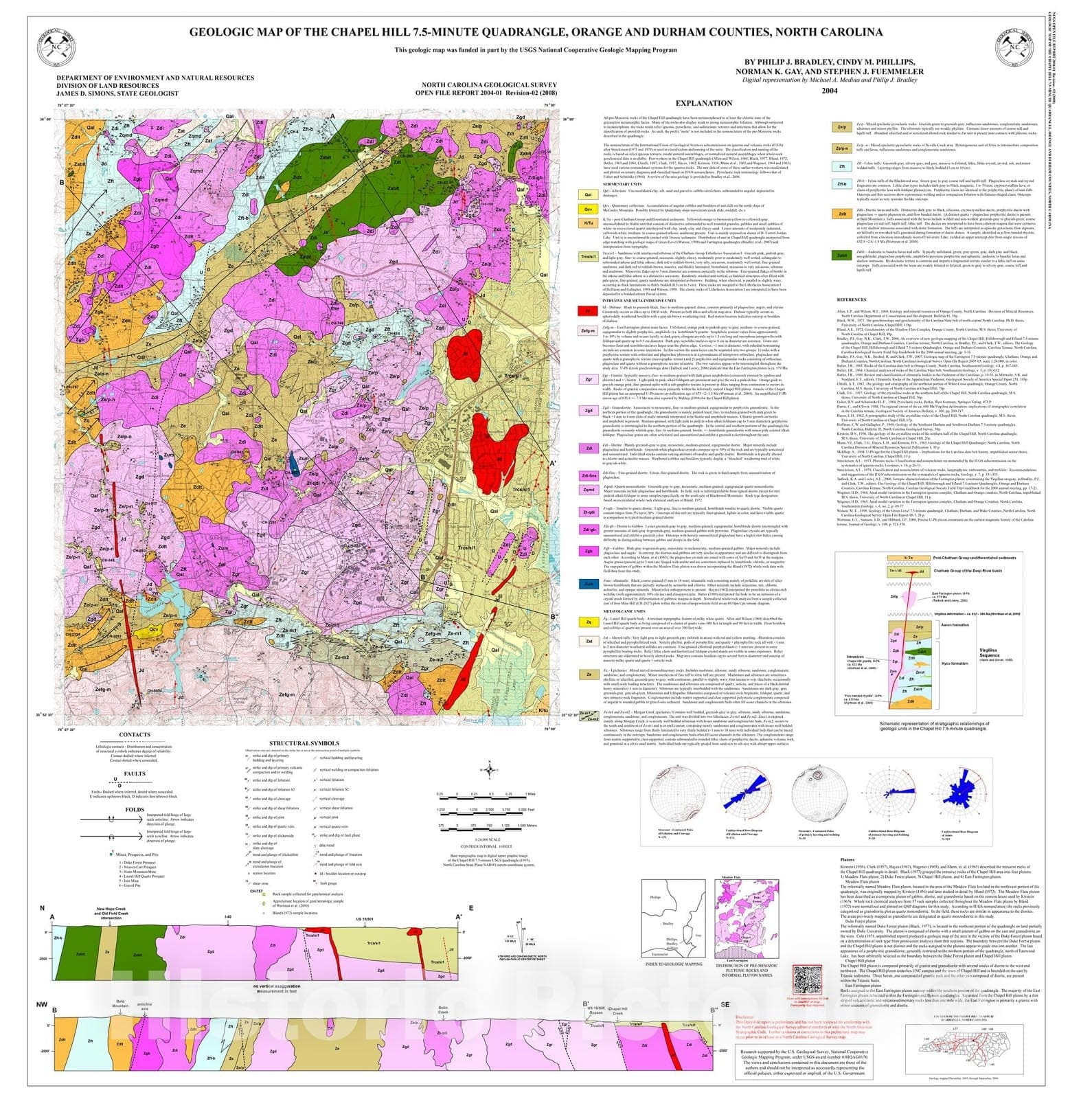Map : Geologic map of the Chapel Hill 7.5-minute quadrangle, Orange and Durham counties, North Carolina, 2004 Cartography Wall Art :