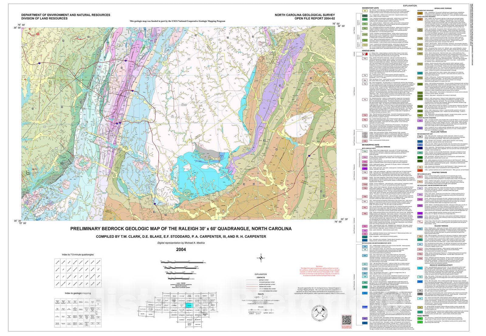 Map : Preliminary bedrock geologic map of the Raleigh 30' x 60' quadrangle, North Carolina, 2004 Cartography Wall Art :
