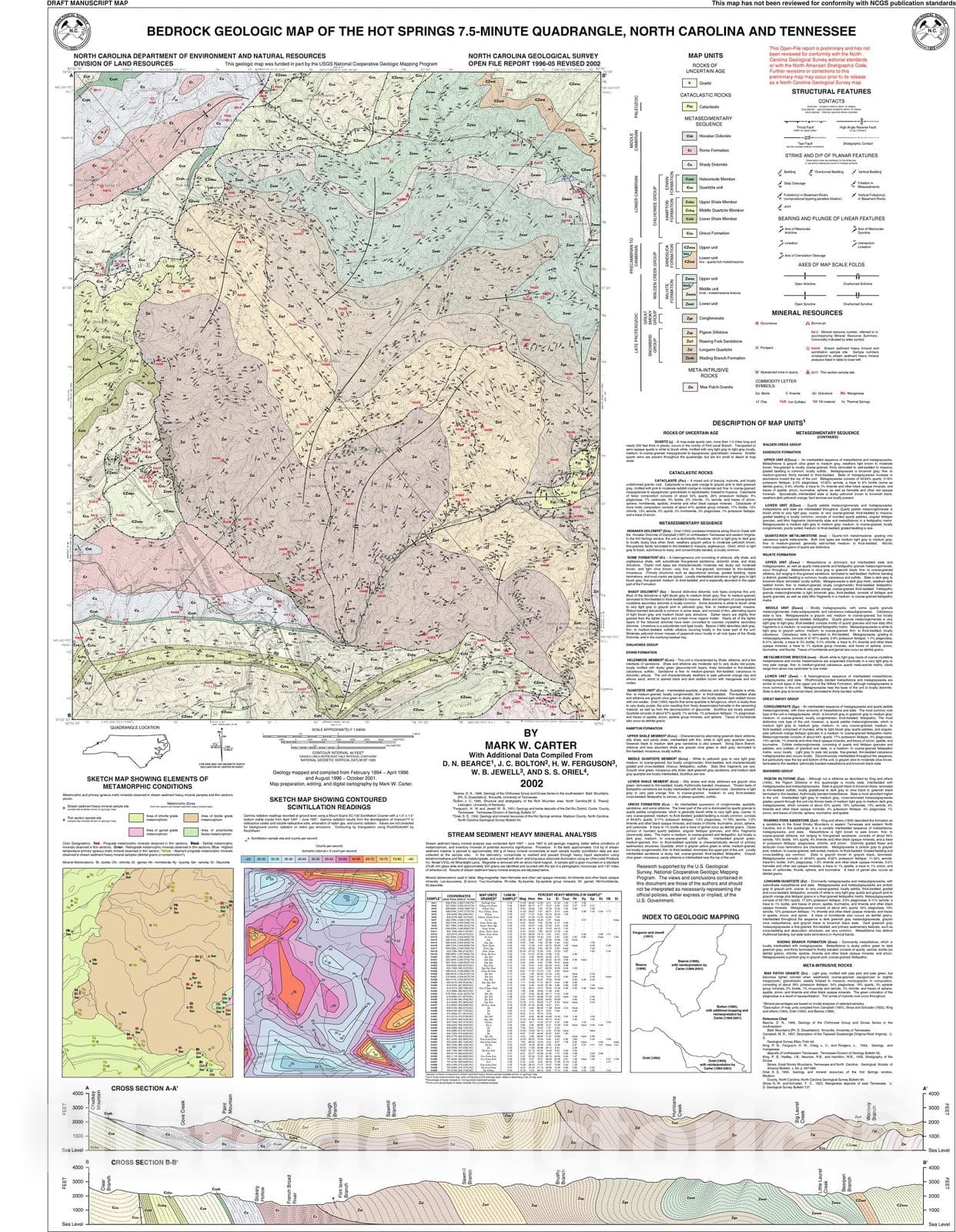 Map : Bedrock Geologic Map of the Hot Springs 7.5-Minute Quadrangle, North Carolina, 1996 Cartography Wall Art :