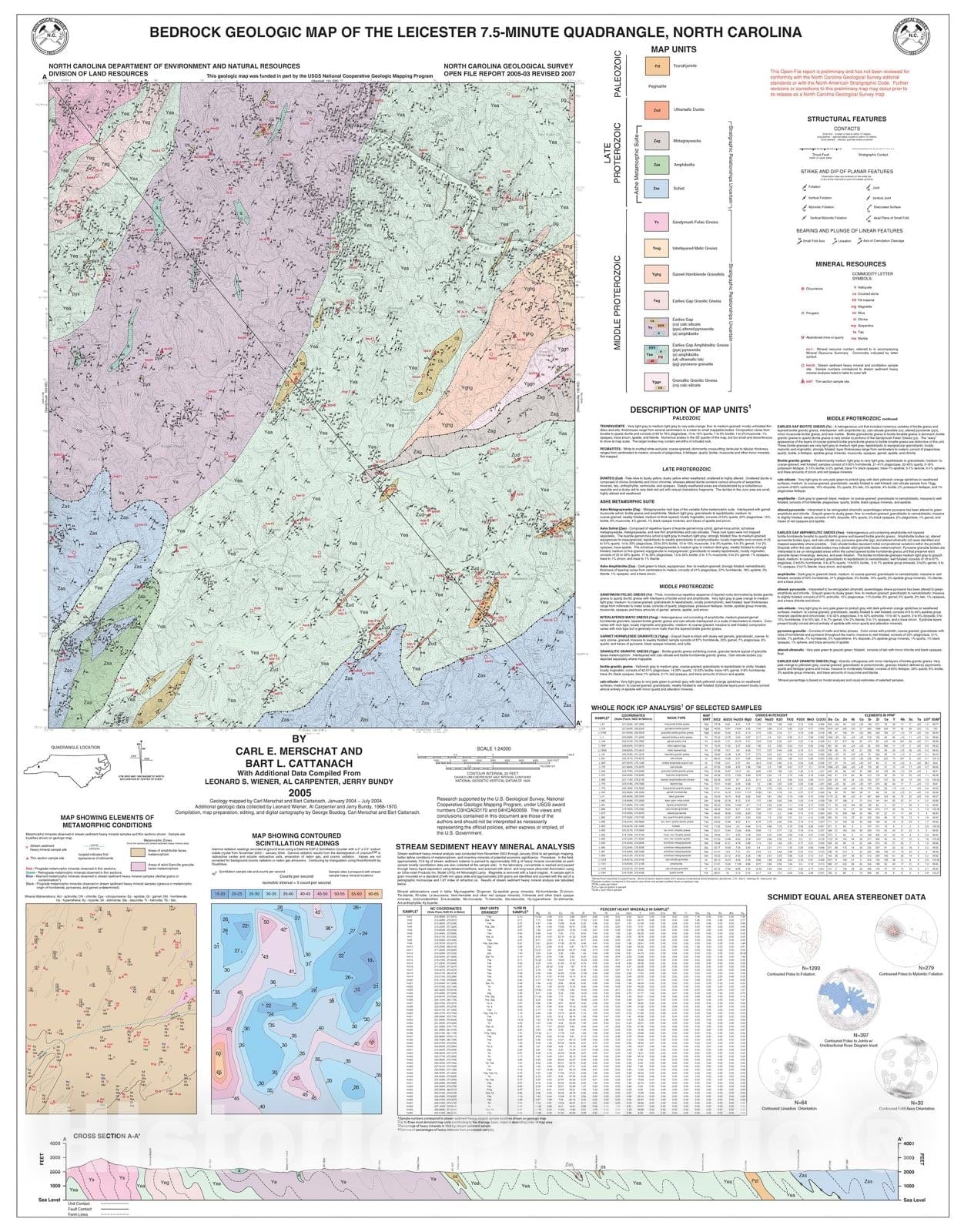 Map : Bedrock Geologic Map of the Leicester 7.5-Minute Quadrangle, North Carolina, 2005 Cartography Wall Art :