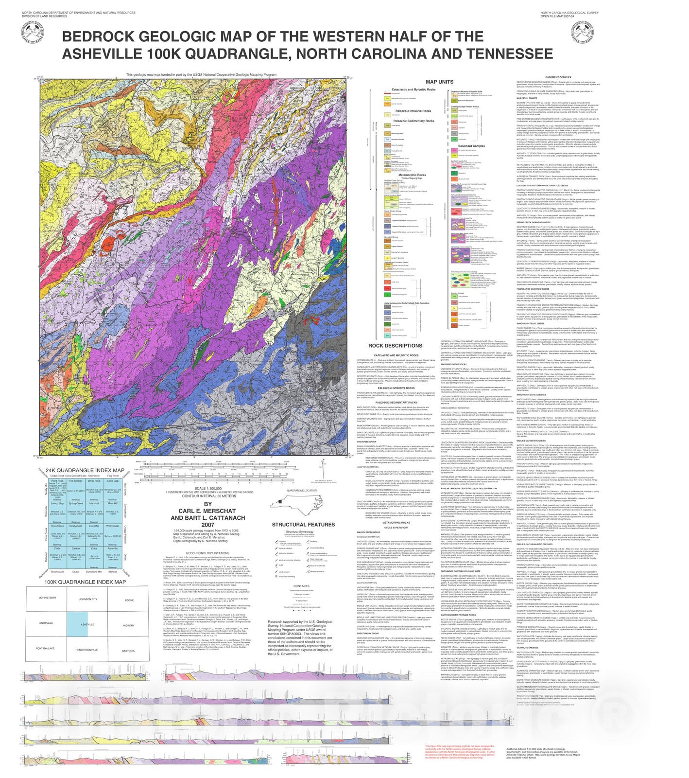Map : Bedrock Geologic Map of the Western Half of the Asheville 100k Quadrangle, North Carolina and Tennessee, 2007 Cartography Wall Art :