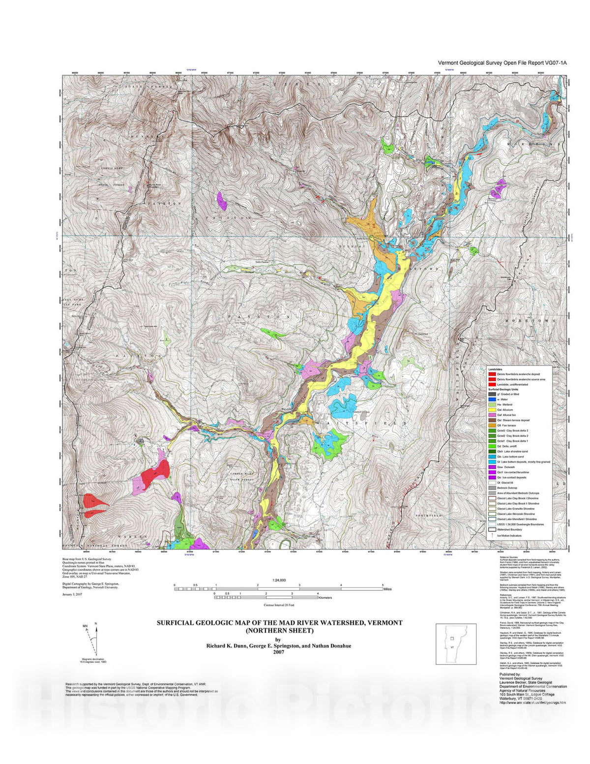 Map : Surficial Geologic Map of the Mad River Watershed, Vermont (northern sheet), 2007 Cartography Wall Art :