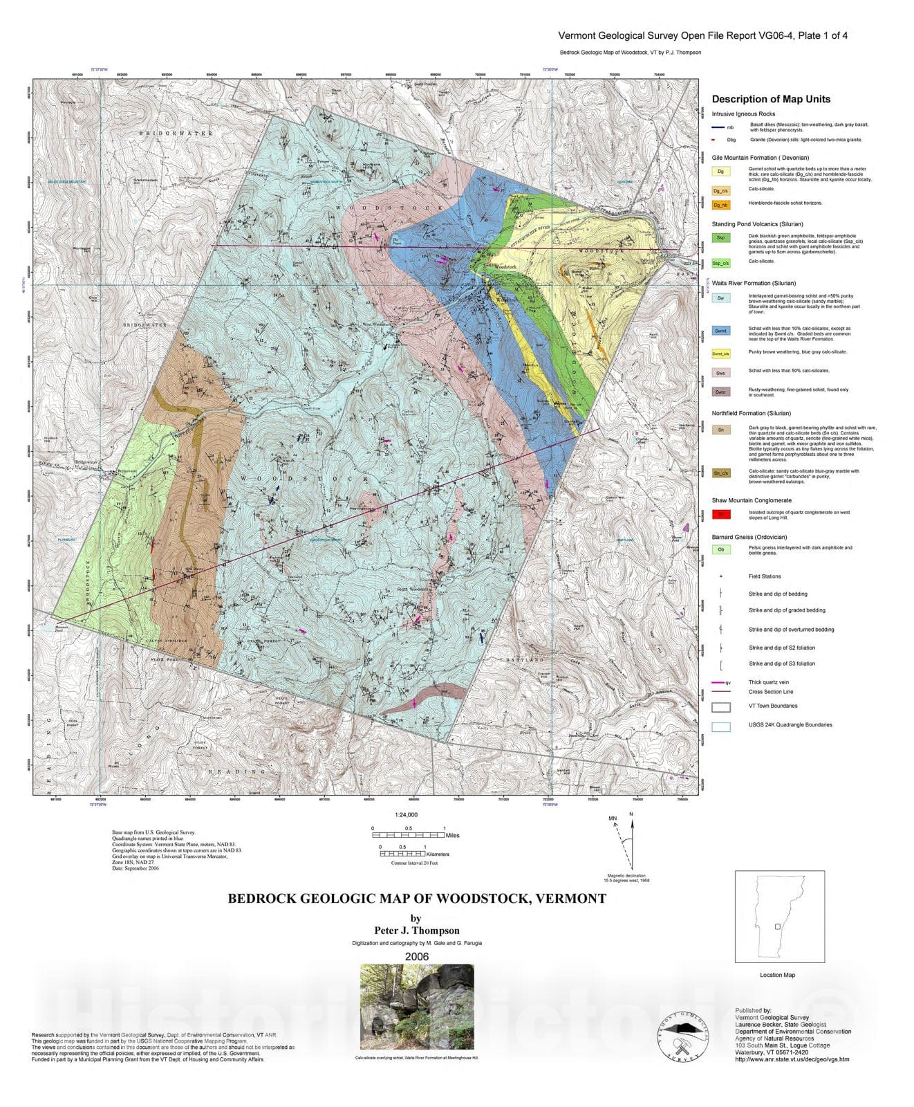 Map : Bedrock Geologic Map of Woodstock, Vermont, 2006 Cartography Wall Art :