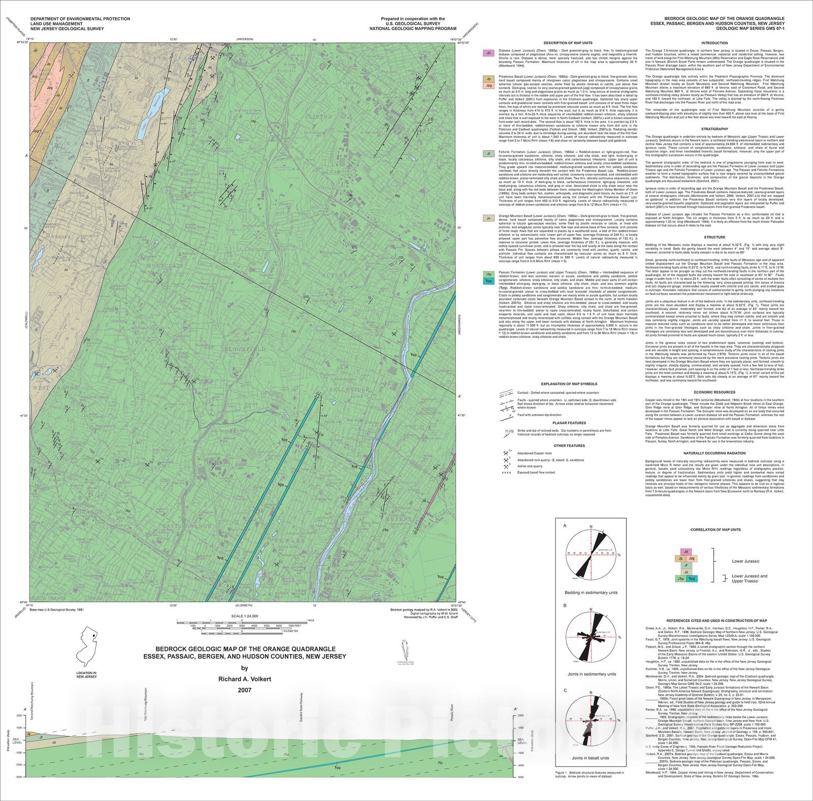 Map : Bedrock geologic map of the Orange quadrangle, Essex, Passaic, Bergen, and Hudson counties, New Jersey, 2007 Cartography Wall Art :