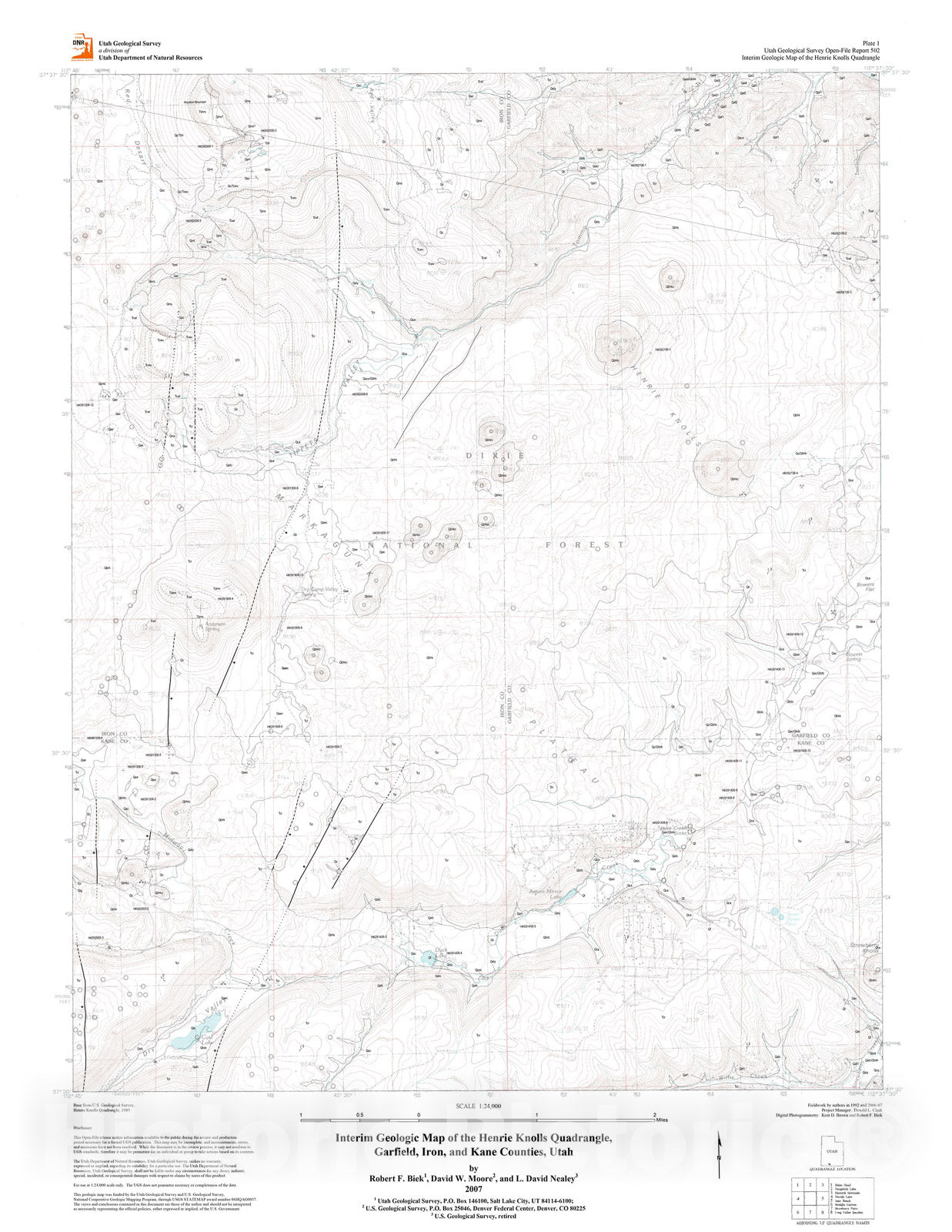 Map : Interim geologic map of the Henrie Knolls quadrangle, Garfield, Iron, and Kane Counties, Utah, 2007 Cartography Wall Art :