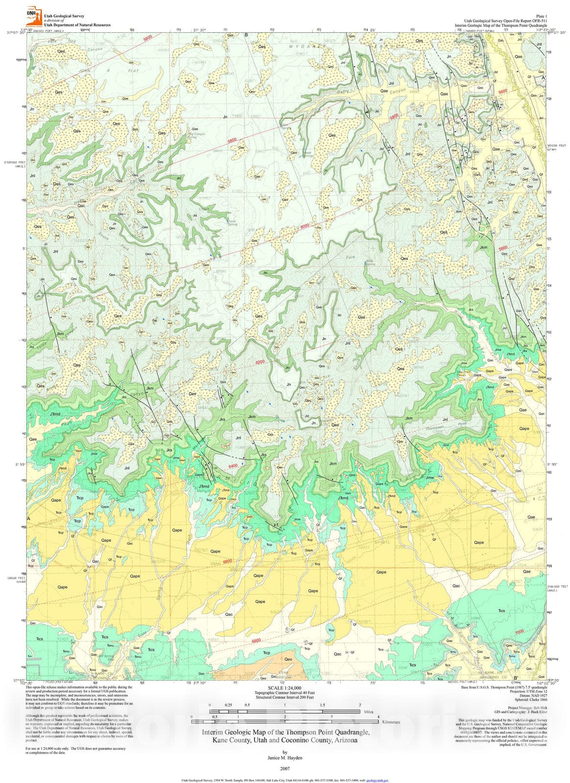 Map : Interim geologic map of the Thompson Point quadrangle, Kane County, Utah, and Coconino County, Arizona, 2007 Cartography Wall Art :