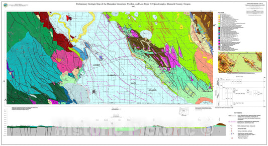 Map : Preliminary geologic map of the Hamaker Mountain, Worden, and Lost River 7.5' quadrangles, Klamath County, Oregon, 2007 Cartography Wall Art :
