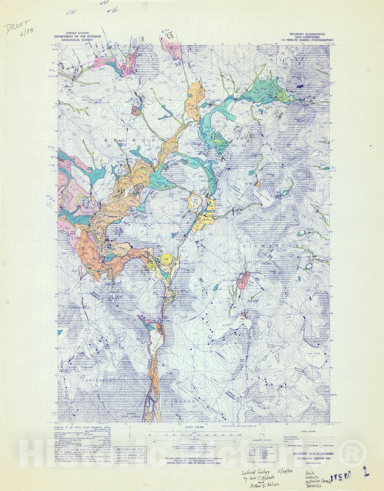 Map : Surficial geologic map of the Belmont quadrangle, Merrimack and Belknap Counties, New Hampshire, 1998 Cartography Wall Art :