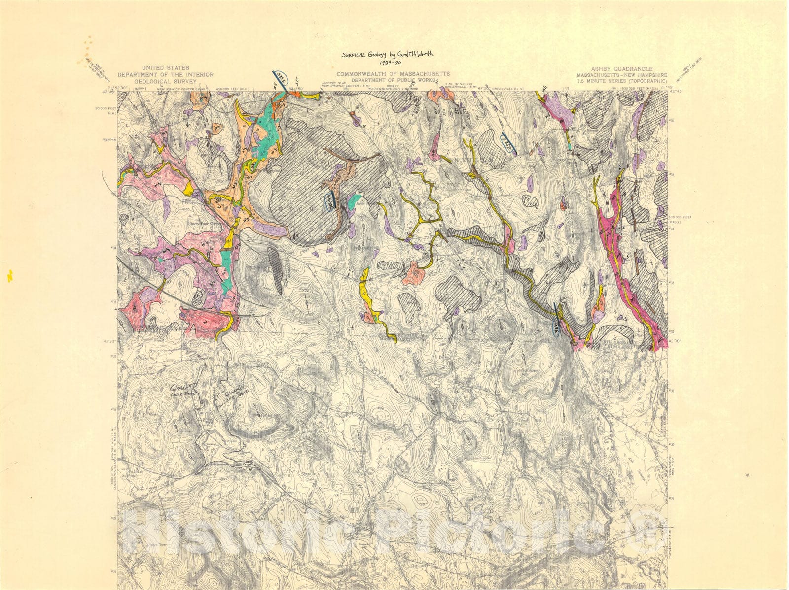 Map : Surficial geologic map of the Ashby 7.5 minute quadrangle, Massachusetts-New Hampshire, 1990 Cartography Wall Art :