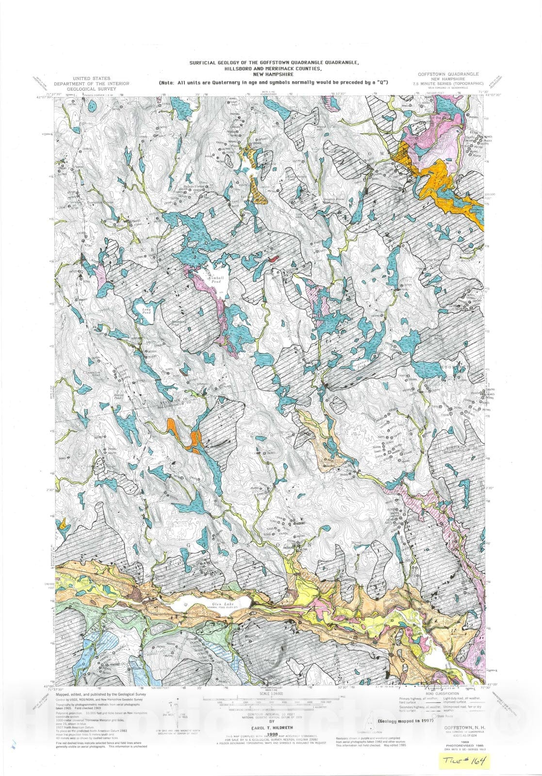 Map : Surficial geologic map of the Goffstown quadrangle, Hillsboro and Merrimack Counties, New Hampshire, 1998 Cartography Wall Art :