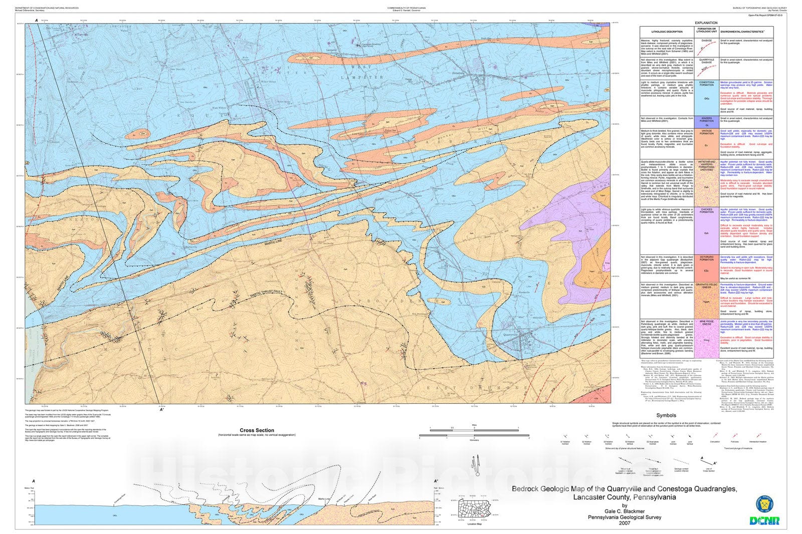 Map : Bedrock geologic map of the Conestoga and Quarryville quadrangles, Lancaster County, Pennsylvania, 2007 Cartography Wall Art :