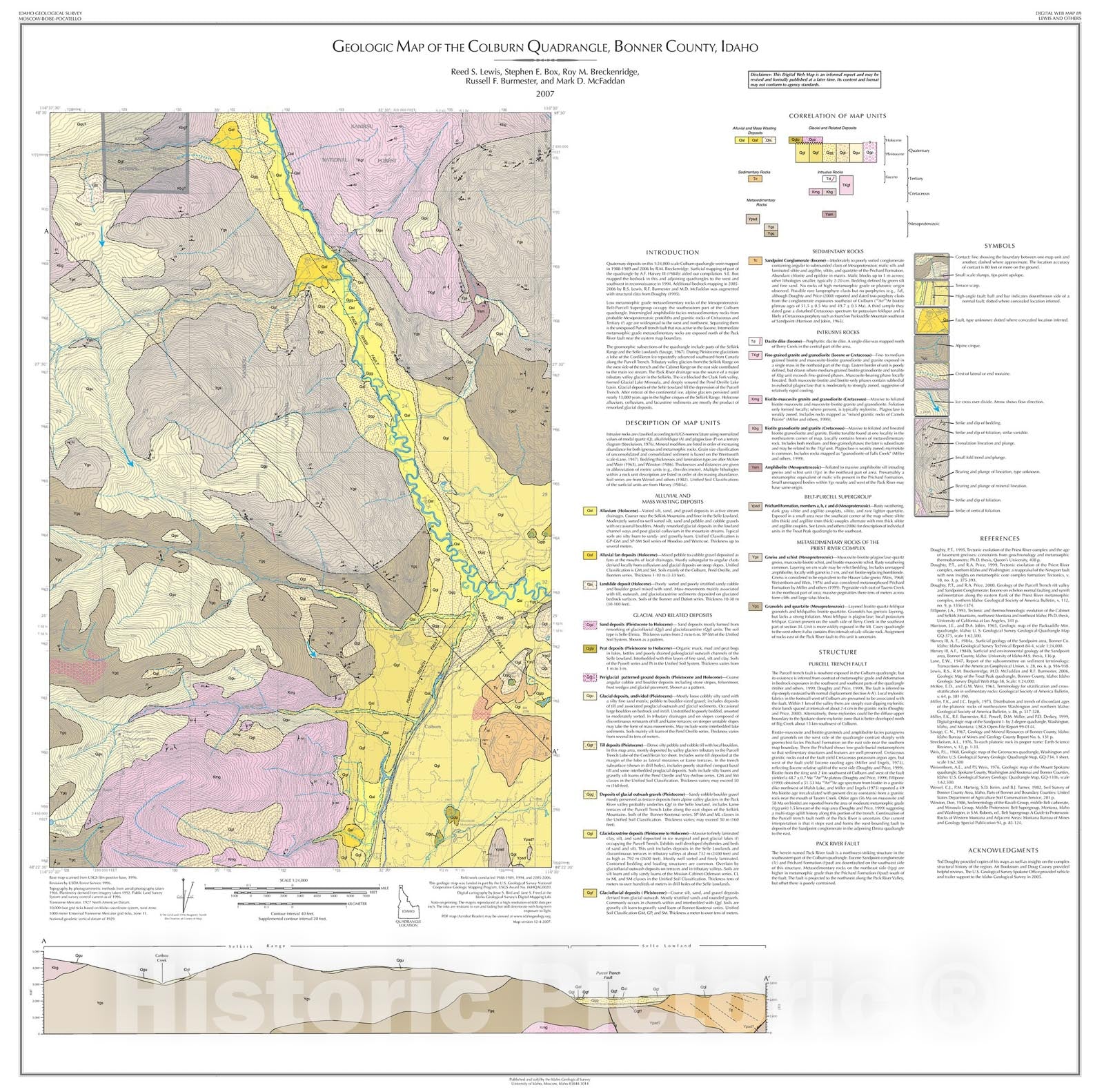 Map : Geologic Map of the Colburn Quadrangle, Bonner County, Idaho, 2007 Cartography Wall Art :
