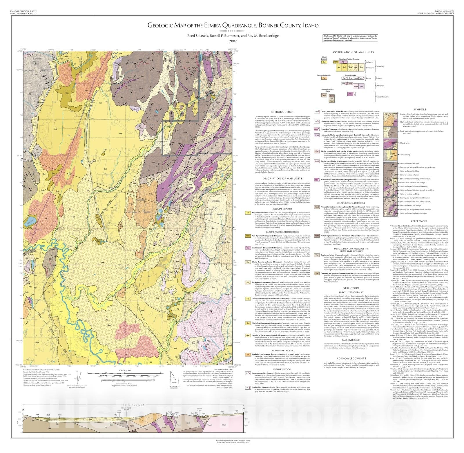 Map : Geologic Map of the Elmira Quadrangle, Bonner County, Idaho, 2007 Cartography Wall Art :