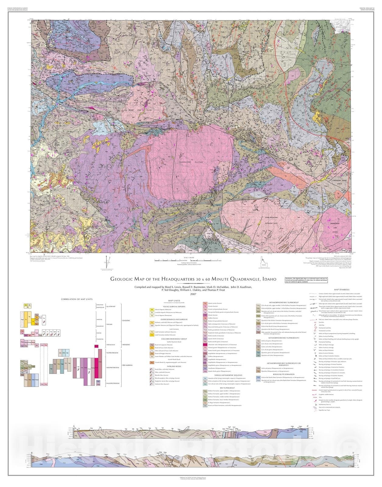 Map : Geologic Map of the Headquarters thirty x sixty Minute Quadrangle, Idaho, 2007 Cartography Wall Art :