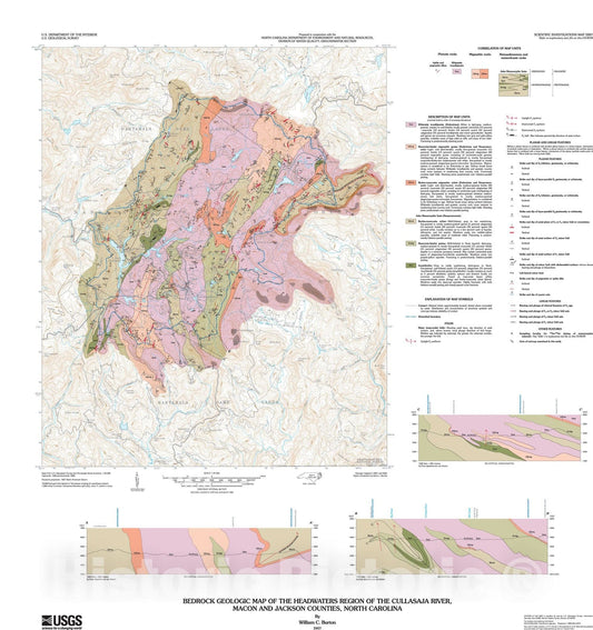 Map : Bedrock geologic map of the headwaters region of the Cullasaja River, Macon and Jackson Counties, North Carolina, 2008 Cartography Wall Art :