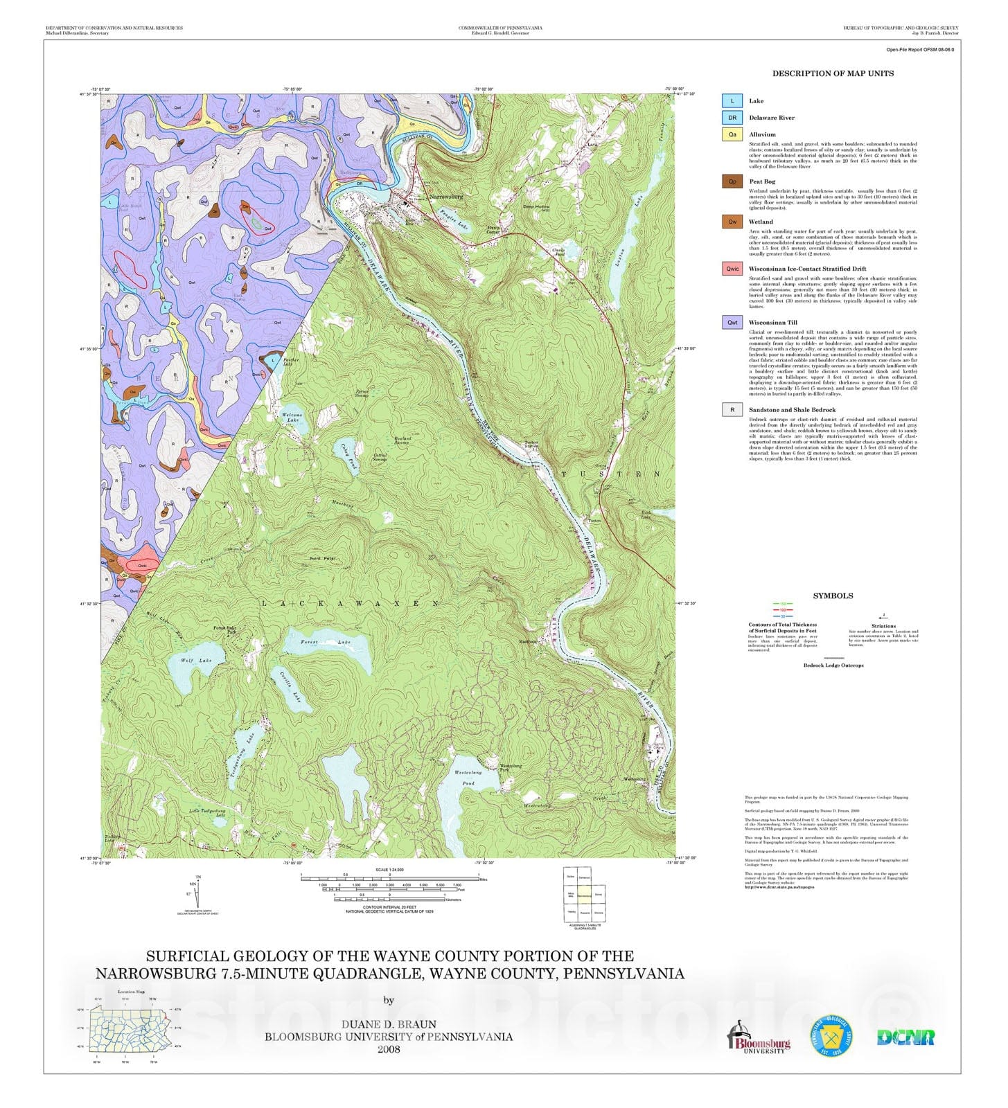 Map : Surficial geology of the Wayne County portion of the Narrowsburg 7.5-minute quadrangle, Wayne County, Pennsylvania, 2008 Cartography Wall Art :