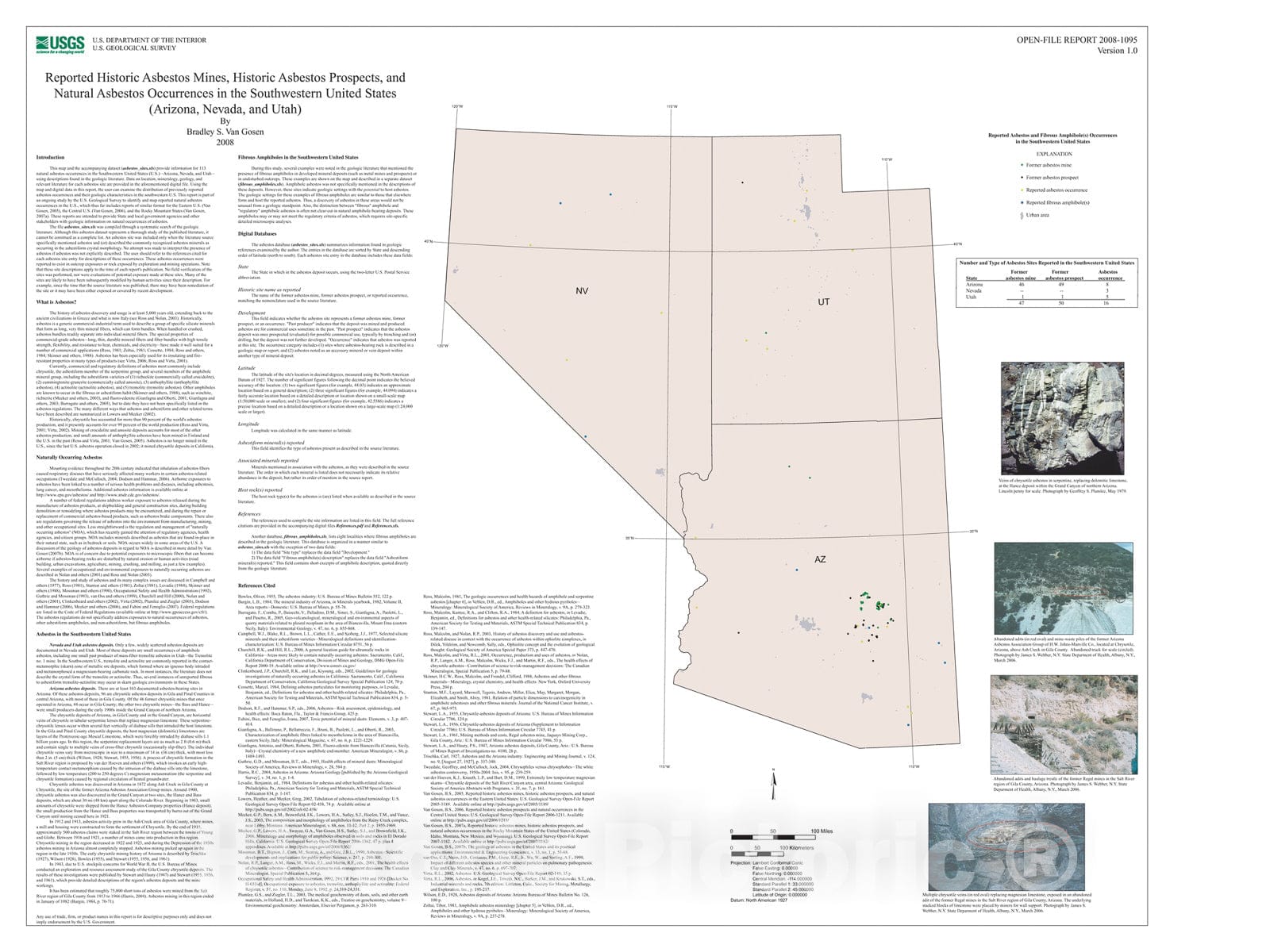 Map : Reported historic asbestos mines, historic asbestos prospects, and natural asbestos occurrences in the southwestern United States, 2008 Cartography Wall Art :
