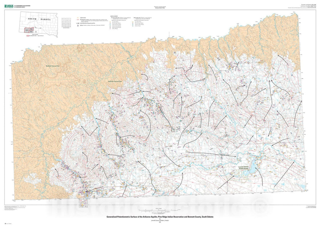 Map : Generalized potentiometric surface of the Arikaree aquifer, Pine Ridge Indian Reservation and Bennett County, South Dakota, 2008 Cartography Wall Art :