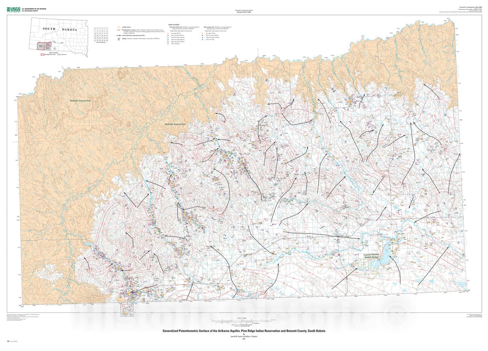 Map : Generalized potentiometric surface of the Arikaree aquifer, Pine Ridge Indian Reservation and Bennett County, South Dakota, 2008 Cartography Wall Art :