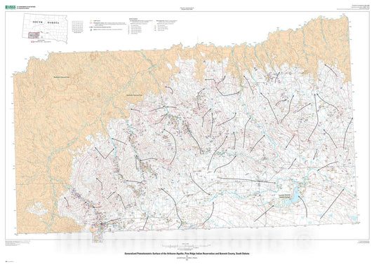 Map : Generalized potentiometric surface of the Arikaree aquifer, Pine Ridge Indian Reservation and Bennett County, South Dakota, 2008 Cartography Wall Art :
