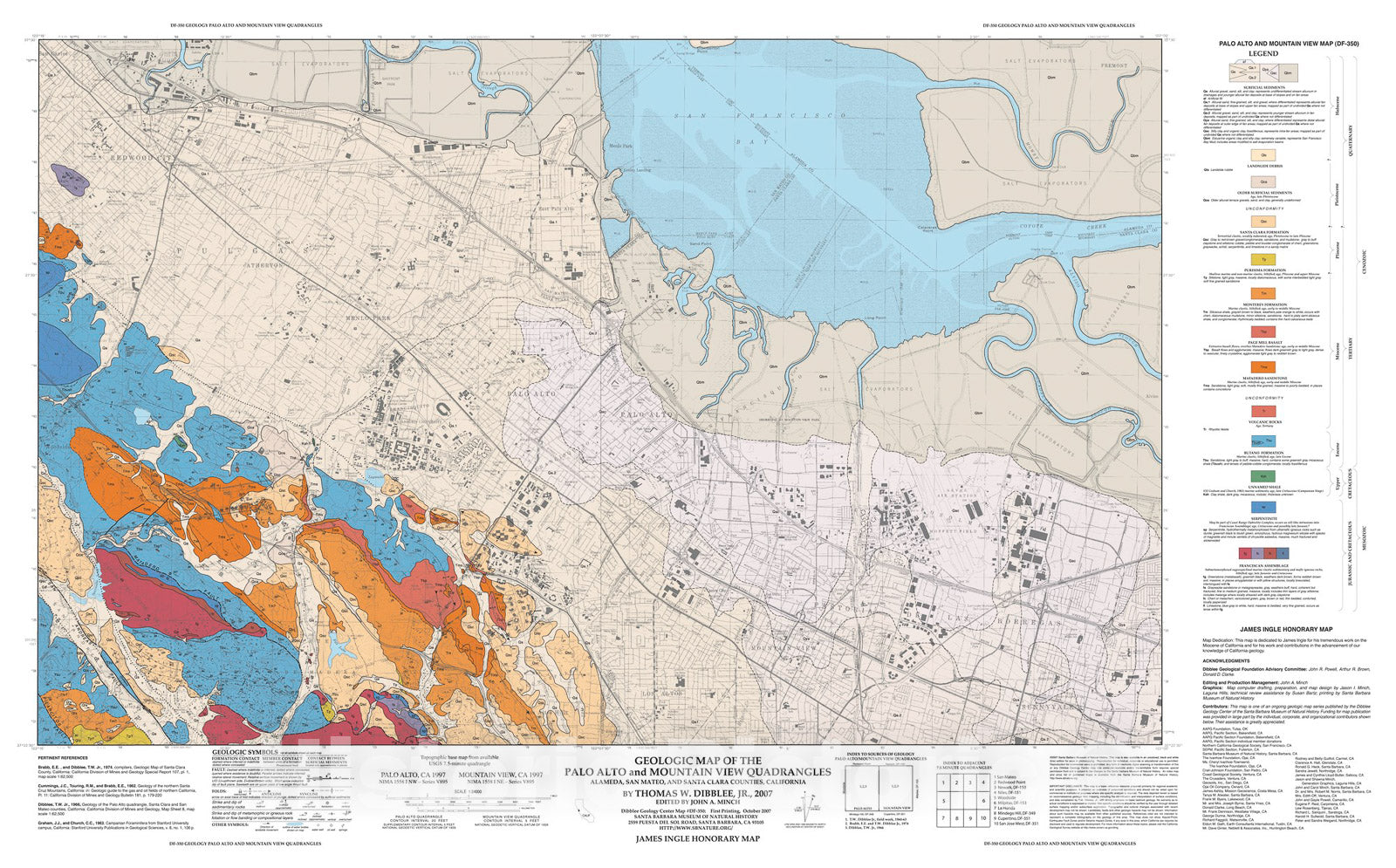 Map : Geologic map of the Palo Alto and Mountain View quadrangles, Alameda, San Mateo, and Santa Clara Counties, California, 2007 Cartography Wall Art :