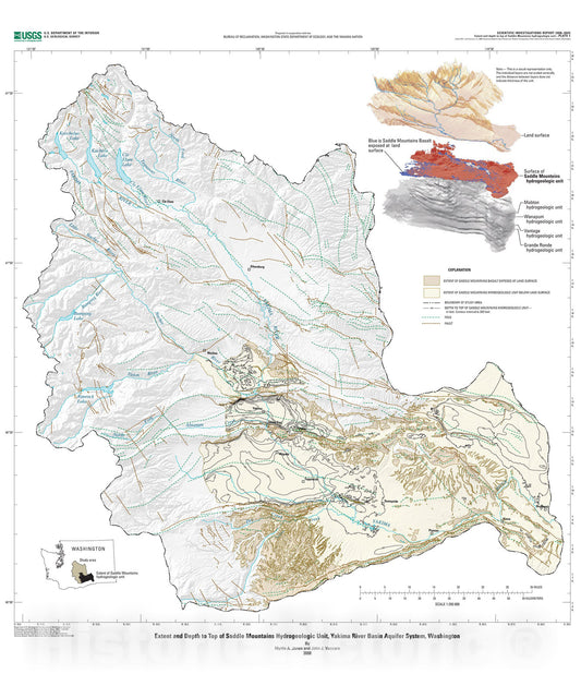 Map : Extent and depth of top of basalt and interbed hydrogeologic units, Yakima River Basin aquifer system, Washington, 2008 Cartography Wall Art :