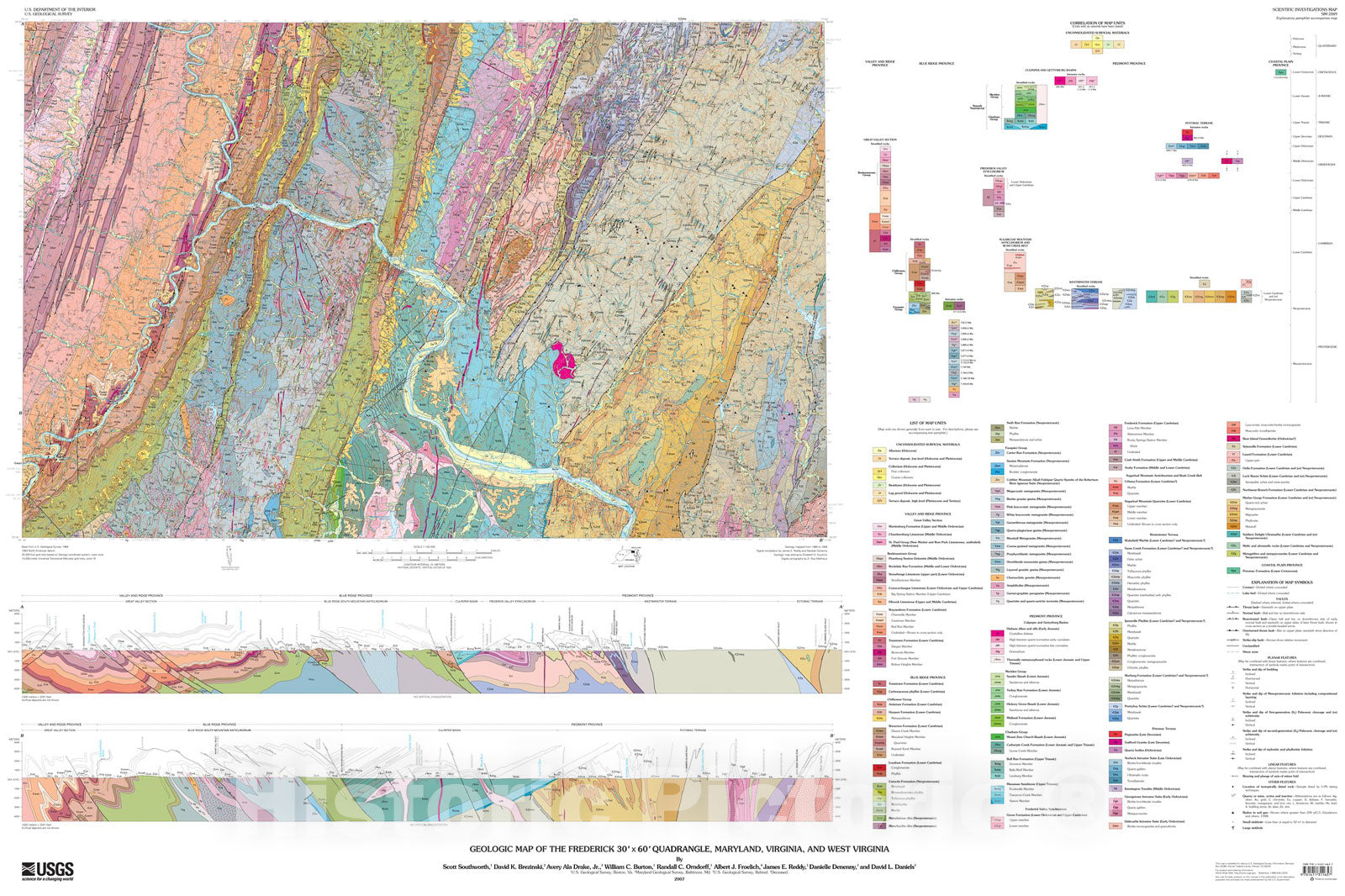Map : Geologic map of the Frederick 30' x 60' quadrangle, Maryland, Virginia, and West Virginia, 2008 Cartography Wall Art :