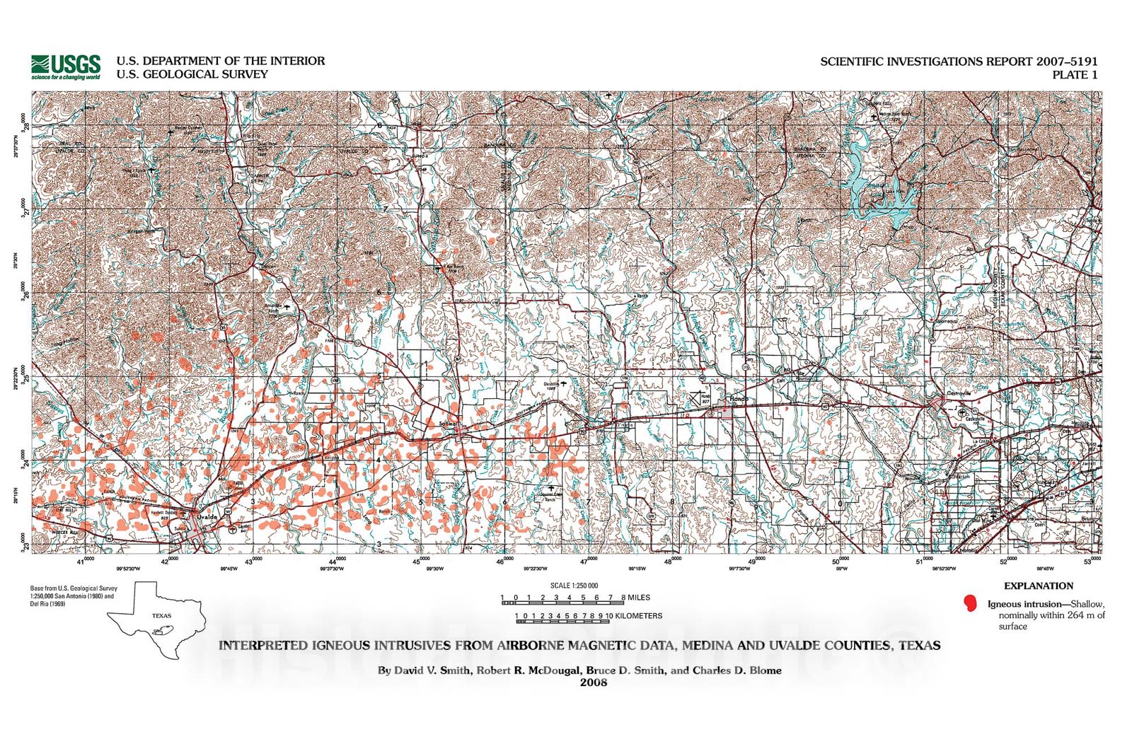 Map : Distribution of igneous rocks in Medina and Uvalde Counties, Texas, as inferred from aeromagnetic data, 2008 Cartography Wall Art :