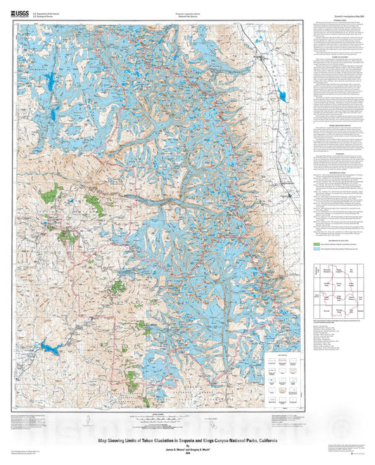 Map : Map showing limits of Tahoe glaciation in Sequoia and Kings Canyon National Parks, California, 2008 Cartography Wall Art :