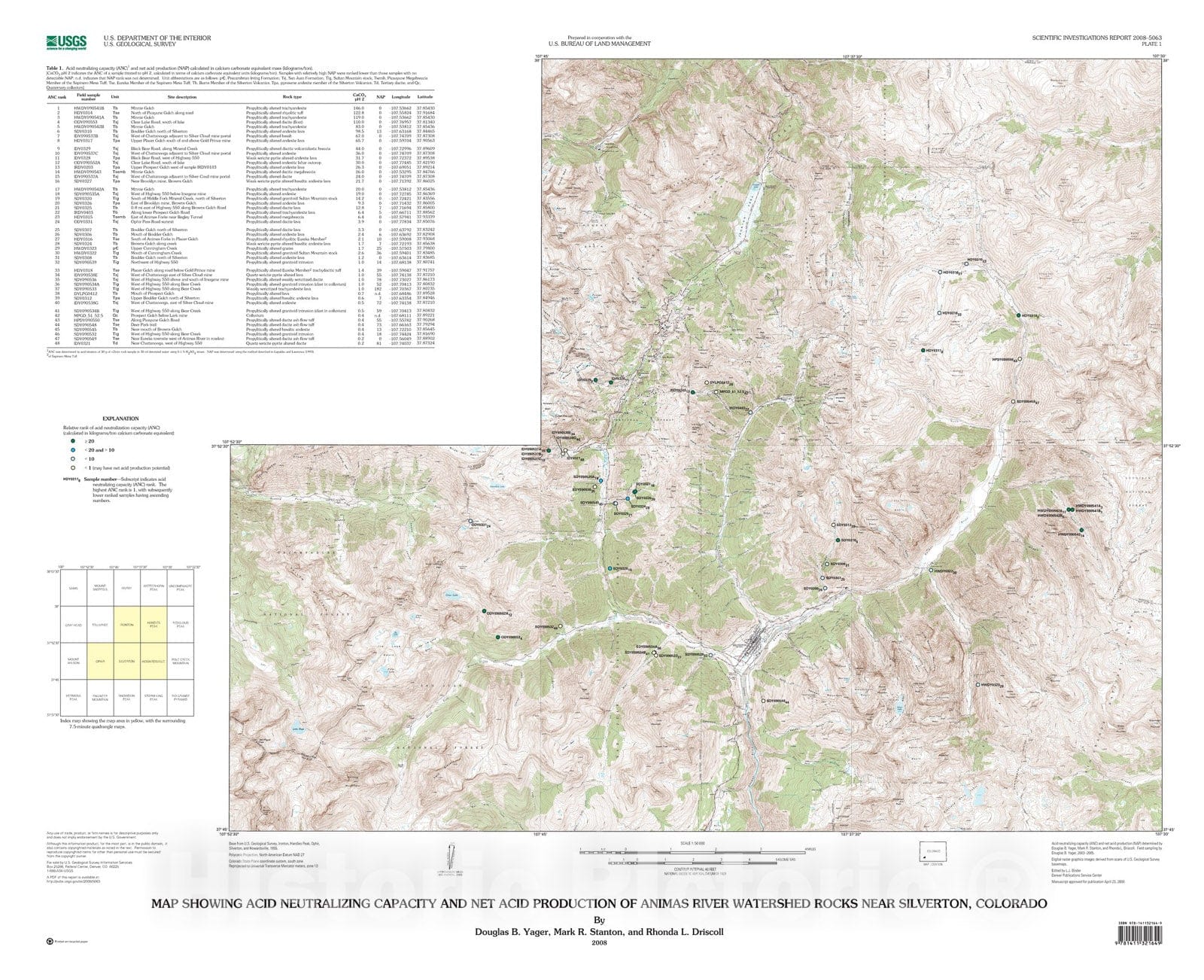 Map : Net acid production, acid neutralizing capacity, and associated mineralogical and geochemical characteristics of Animas River , 2008 Cartography Wall Art :