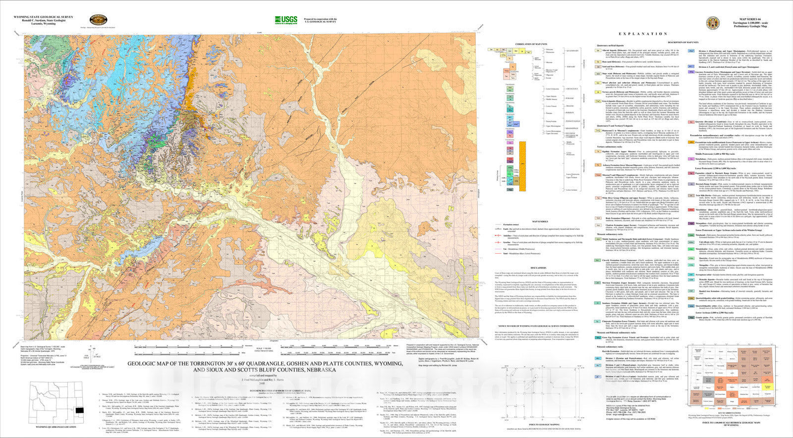 Map : Geologic Map of the Torrington 30' x 60' quadrangle, Goshen and Platte Counties, Wyoming, and Sioux and Scotts Bluff Counties, Nebraska, 2005 Cartography Wall Art :