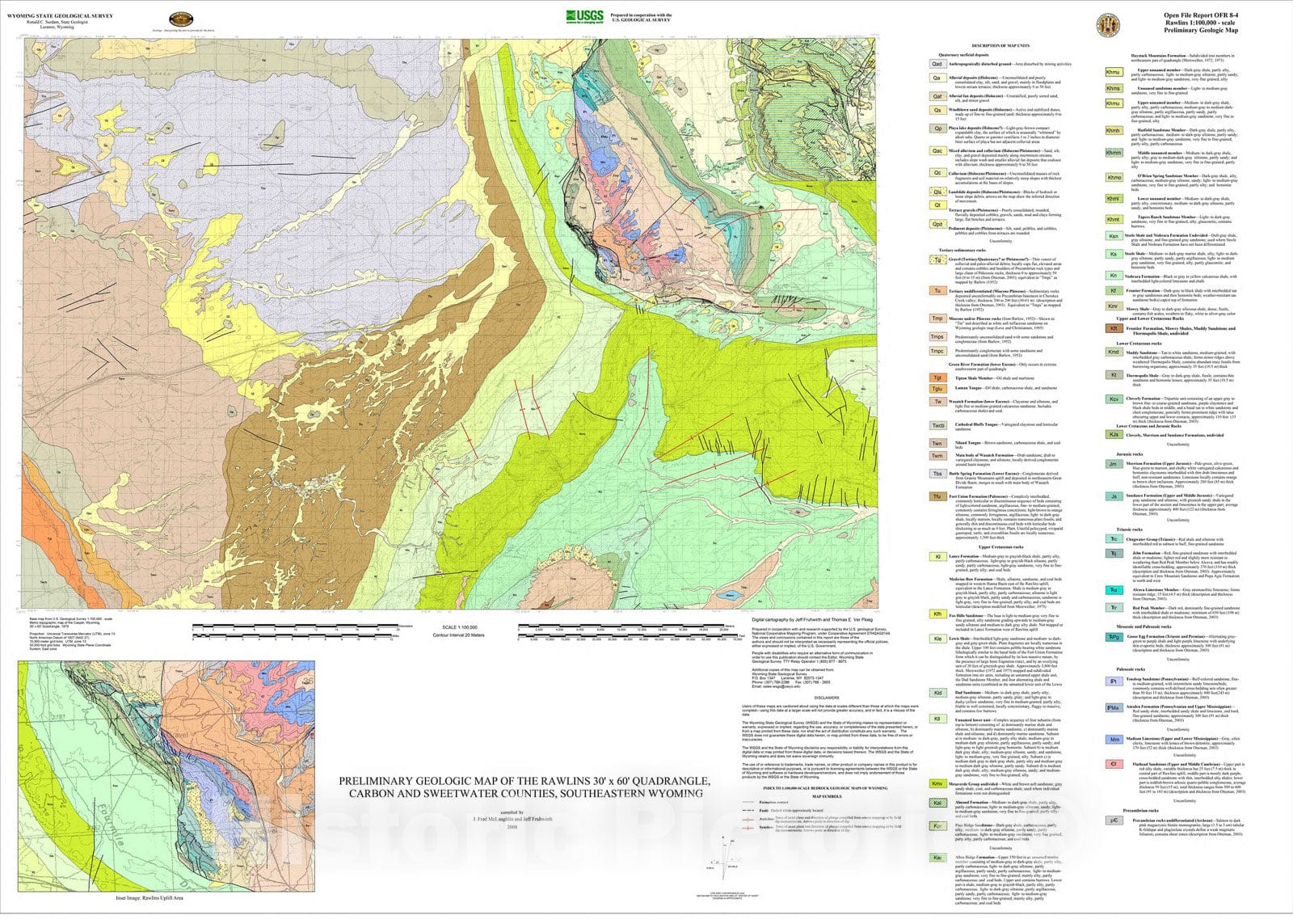 Map : Preliminary geologic map of the Rawlins 30' x 60' quadrangle, Carbon and Sweetwater Counties, southeastern Wyoming, 2008 Cartography Wall Art :
