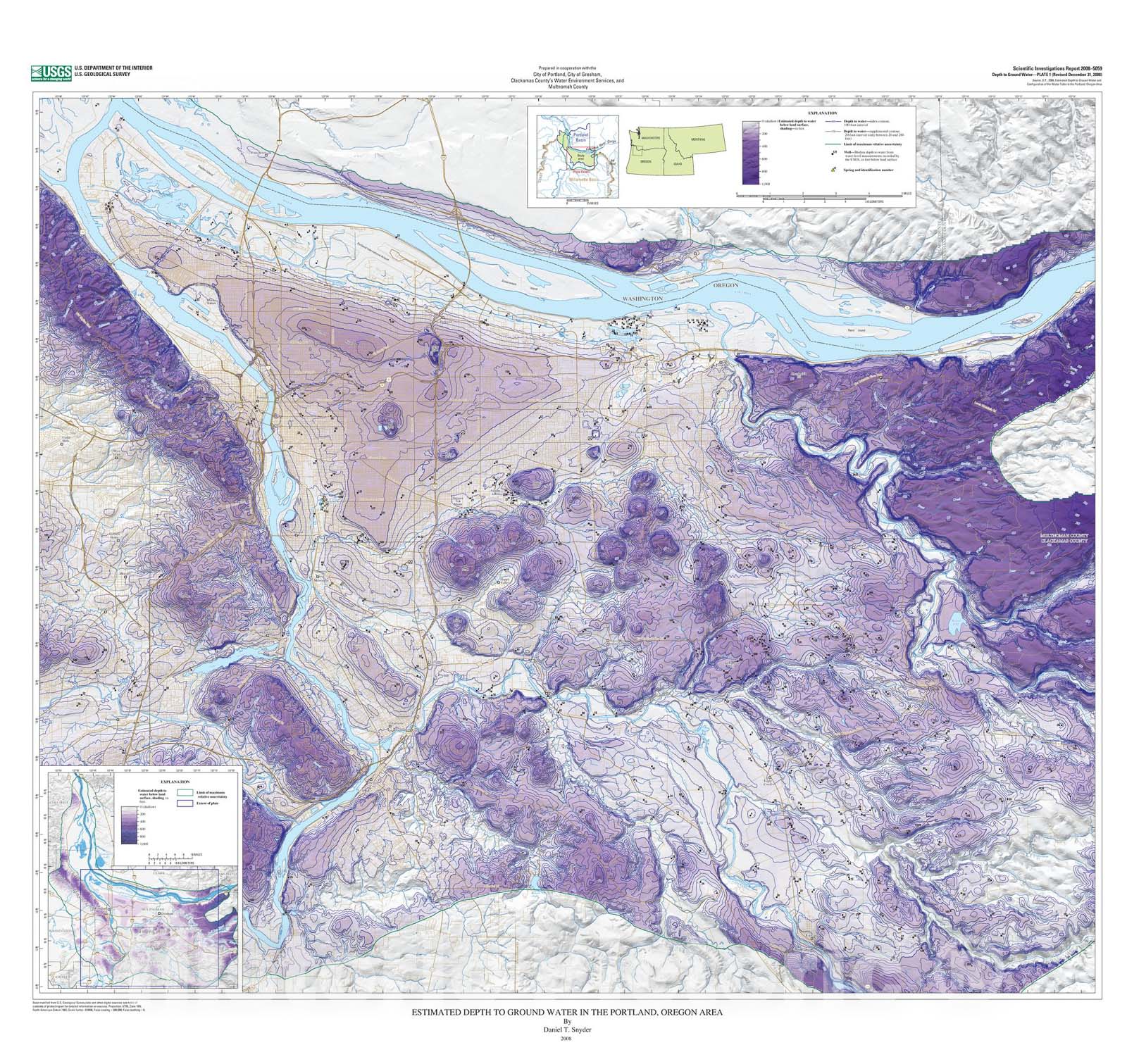 Map : Estimated depth to ground water and configuration of the water table in the Portland, Oregon area, 2008 Cartography Wall Art :
