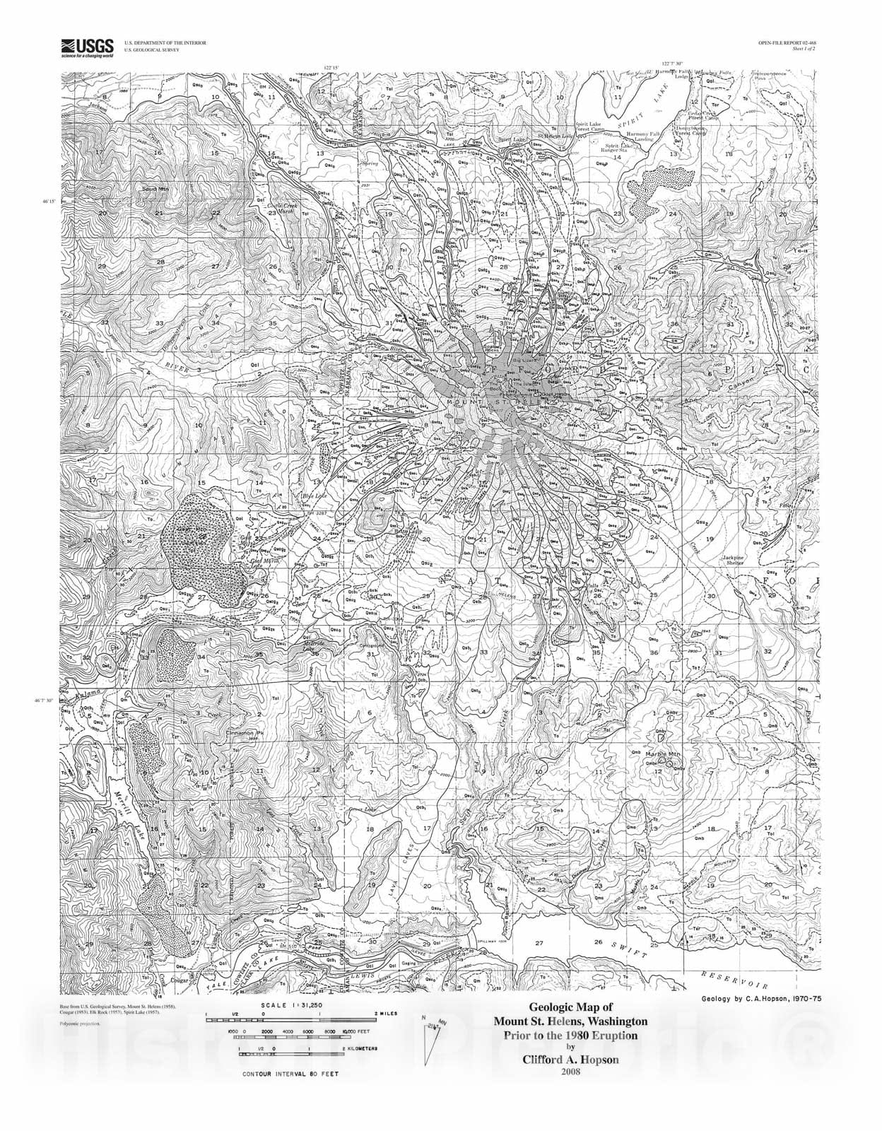Map : Geologic map of Mount St. Helens, Washington prior to the 1980 eruption, 2008 Cartography Wall Art :