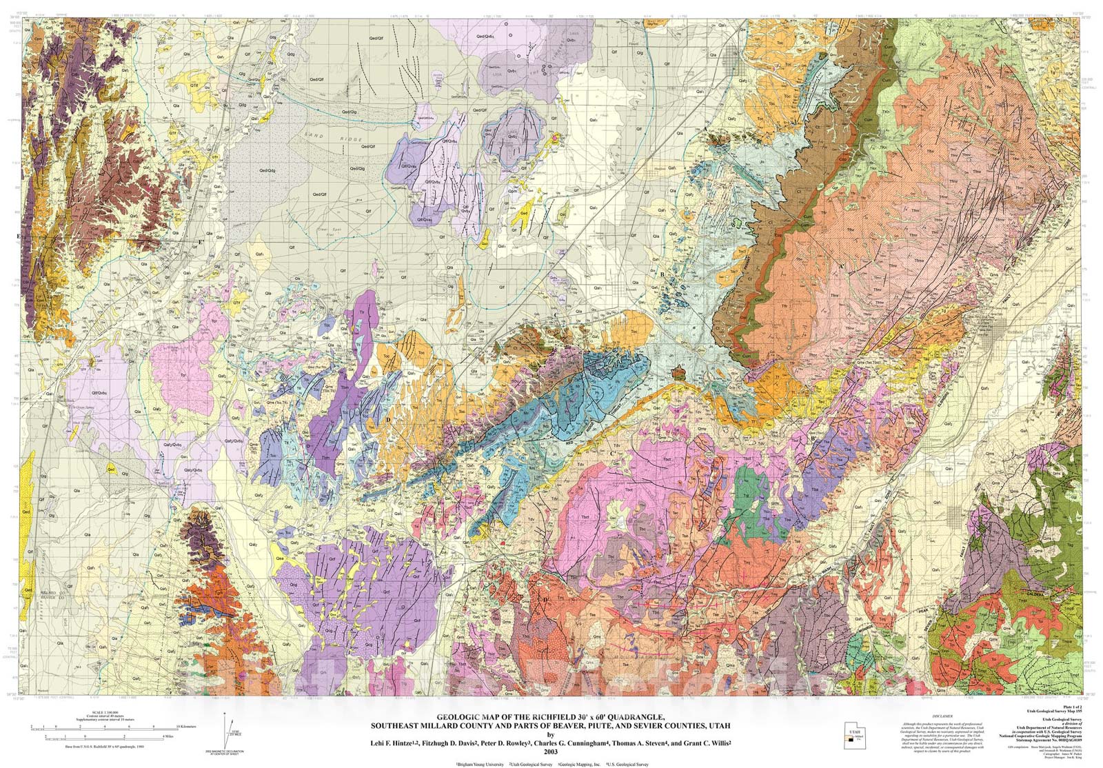 Map : Geologic map of the Richfield 30' x 60' quadrangle, southeast Millard County and parts of Beaver, Piute, and Sevier Counties, Utah, 2008 Cartography Wall Art :