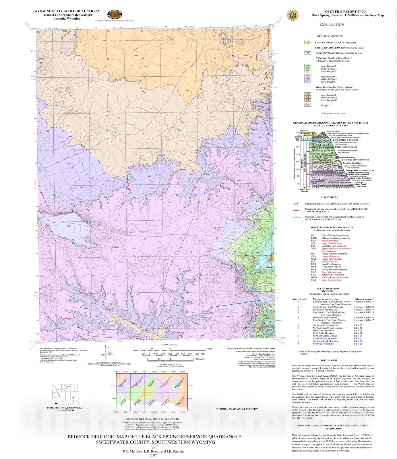 Map : Bedrock Geologic Map of the Black Spring Reservoir Quadrangle, Sweetwater County, Southwestern Wyoming, 2007 Cartography Wall Art :