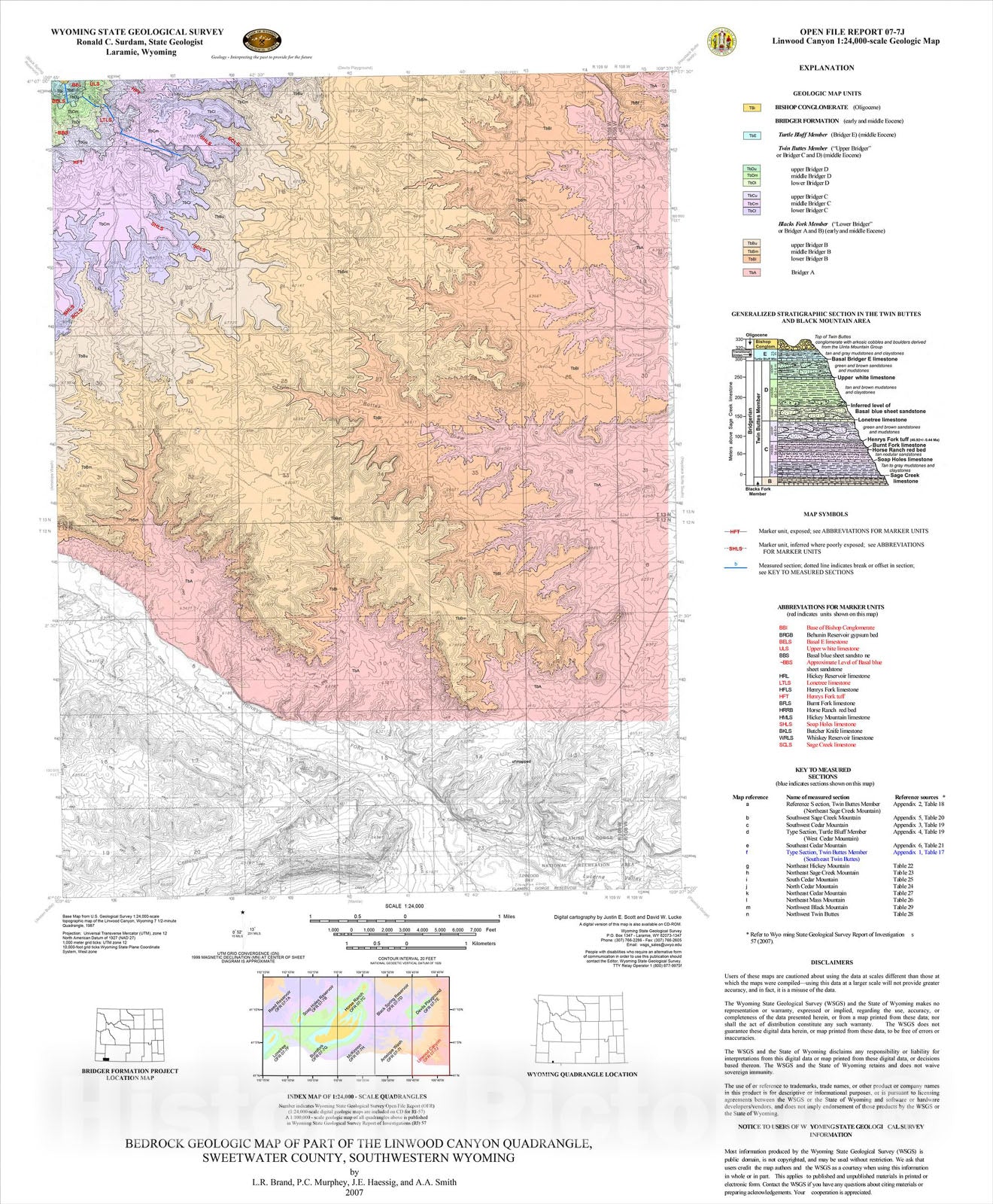 Map : Bedrock Geologic Map of part of the Linwood Canyon Quadrangle, Sweetwater County, Southwestern Wyoming, 2007 Cartography Wall Art :