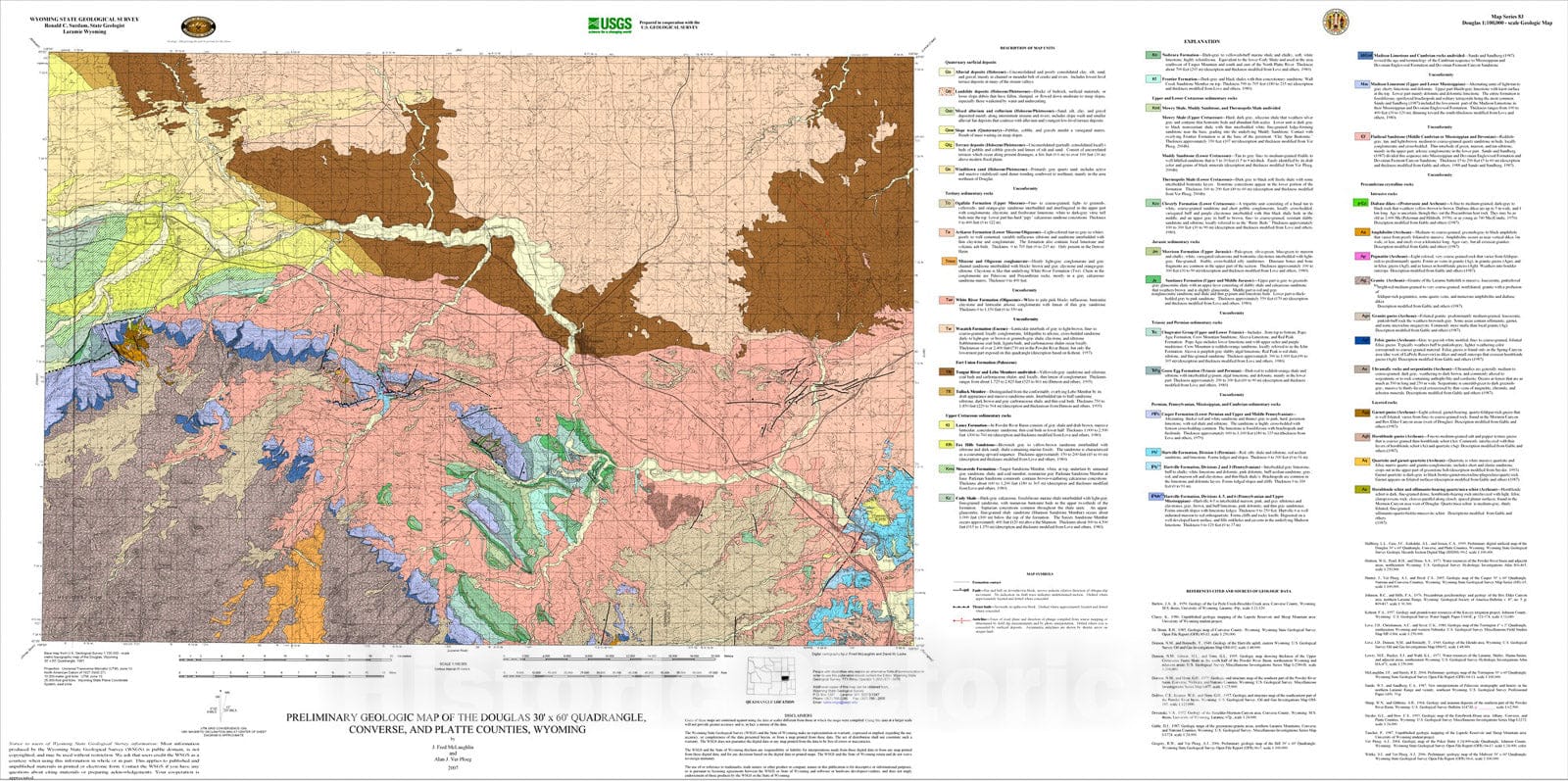 Map : Geologic map of the Douglas 30' x 60' quadrangle, Converse and Platte Counties, Wyoming, 2008 Cartography Wall Art :